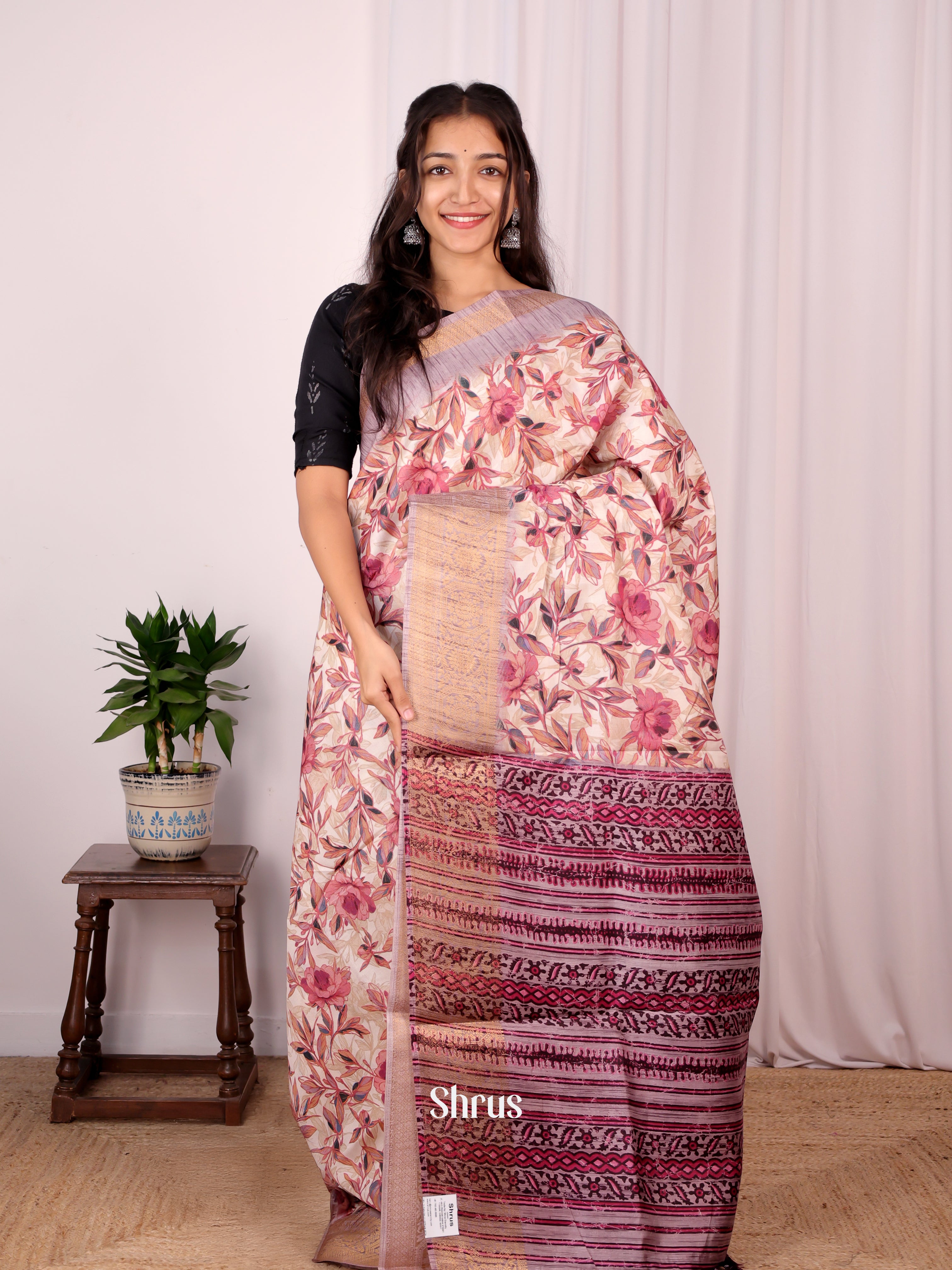 Cream & Pink - Semi Dupion Saree