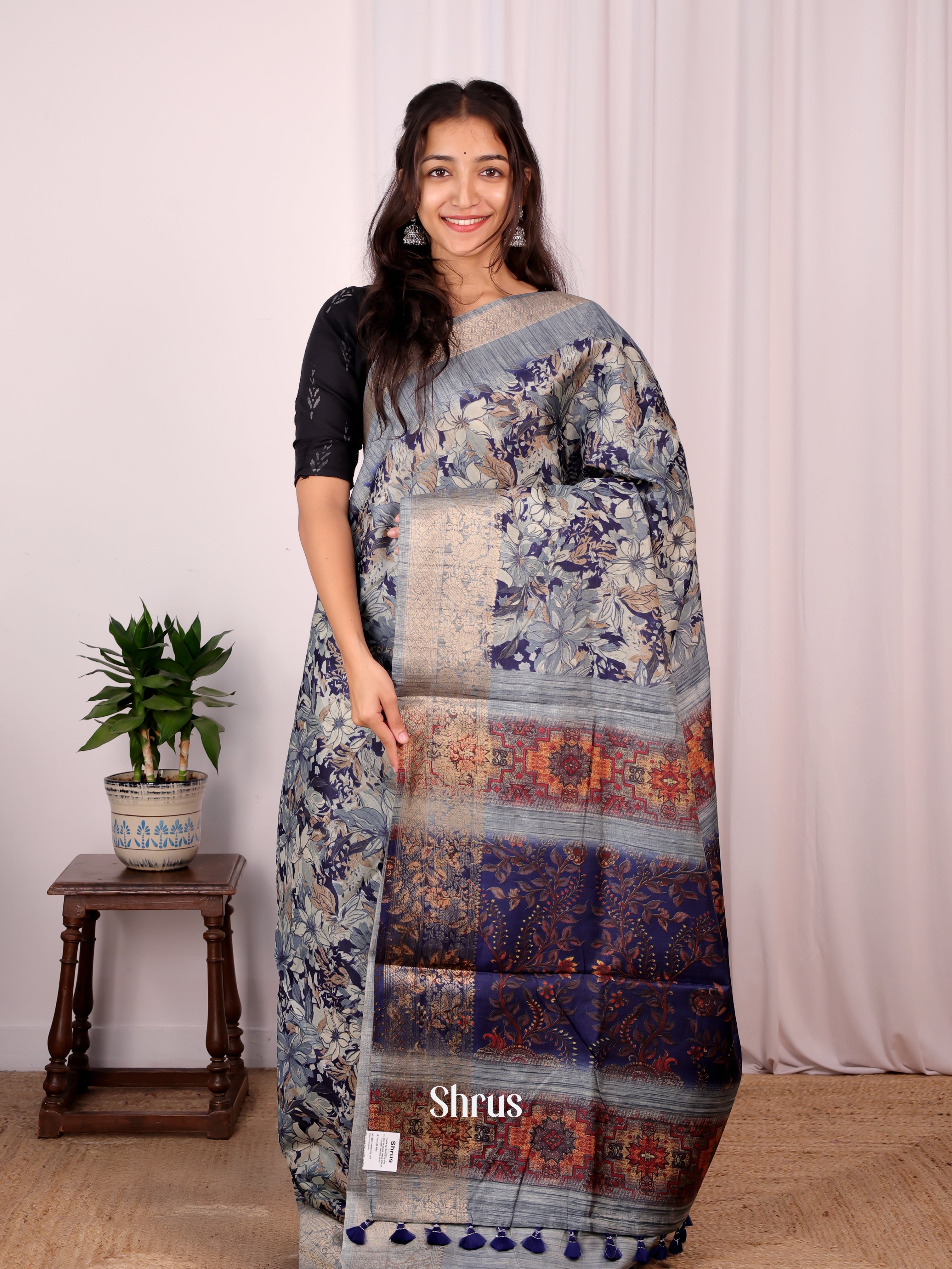 Blue & Grey- Semi Dupion Saree