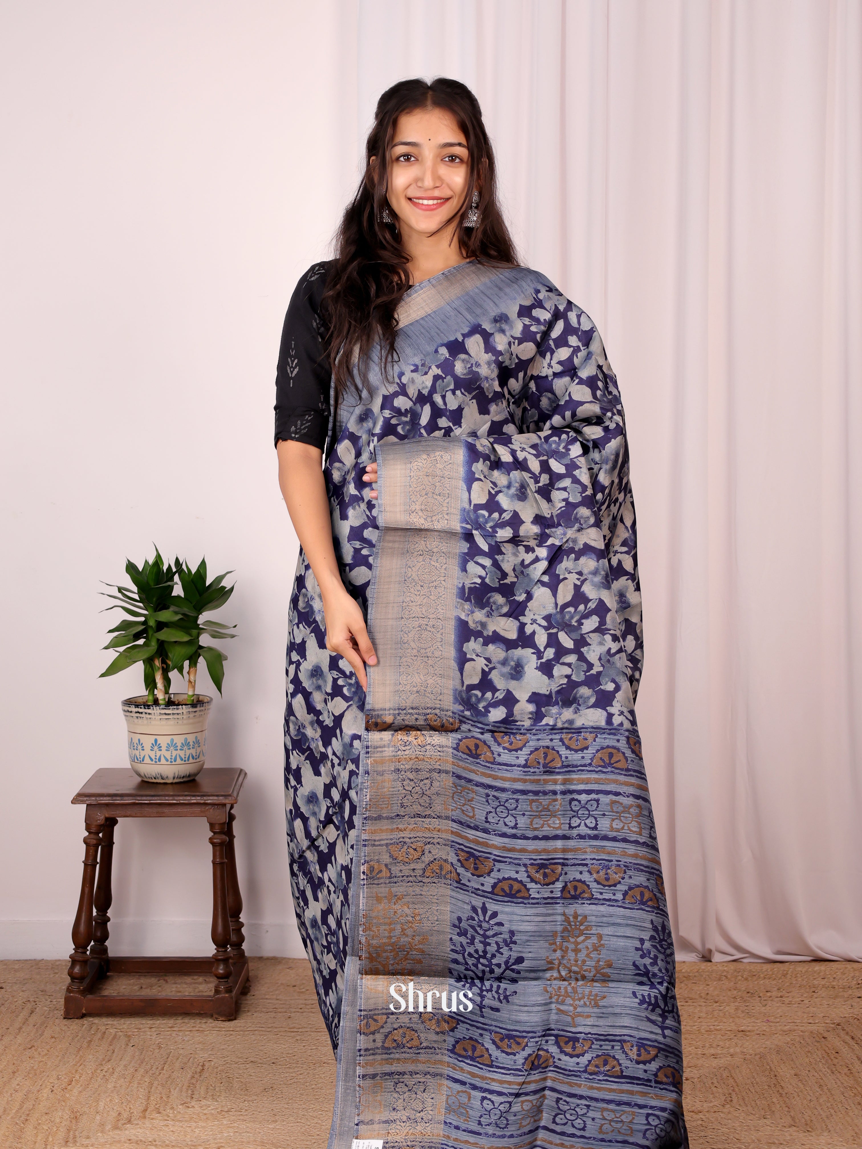 Blue- Semi Dupion Saree - Shop on Shrus.com