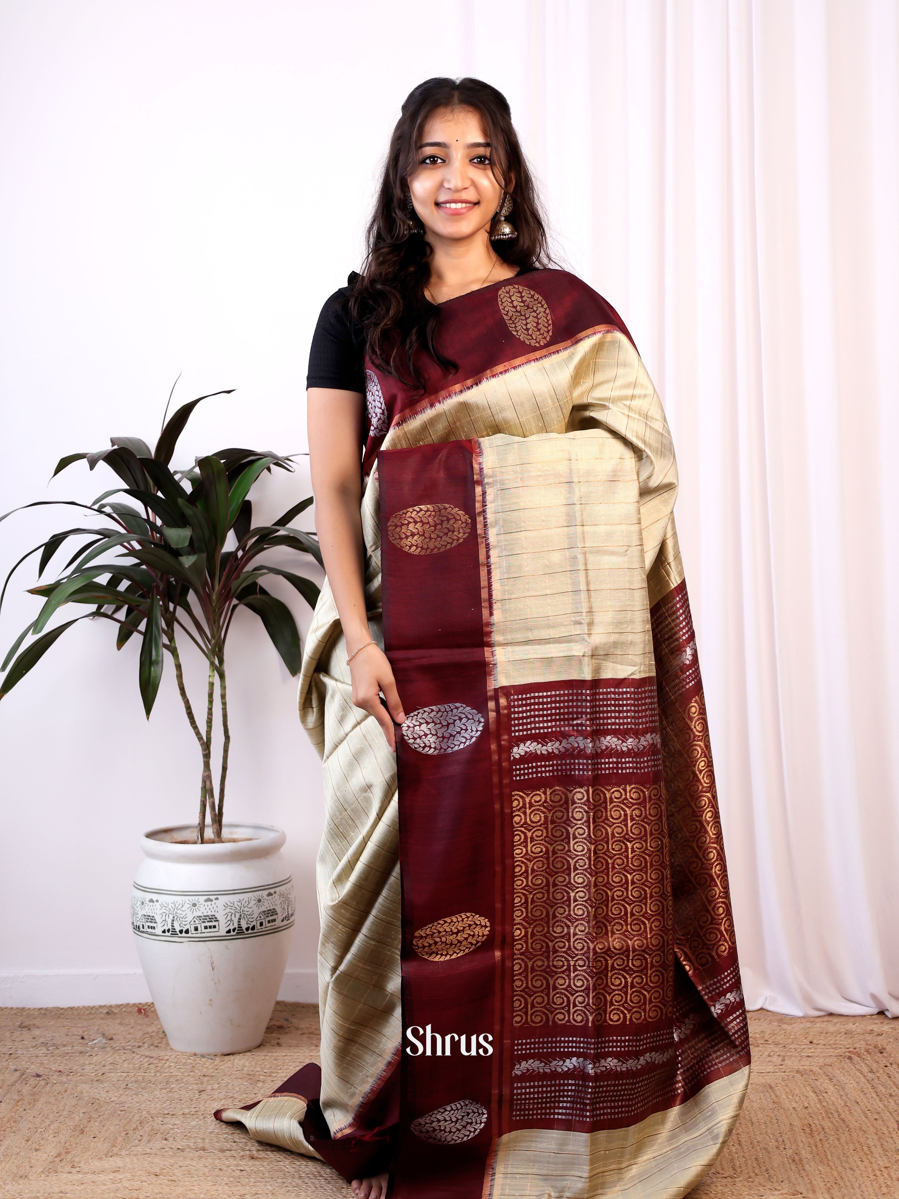 Cream & Maroon - Raw Silk Saree