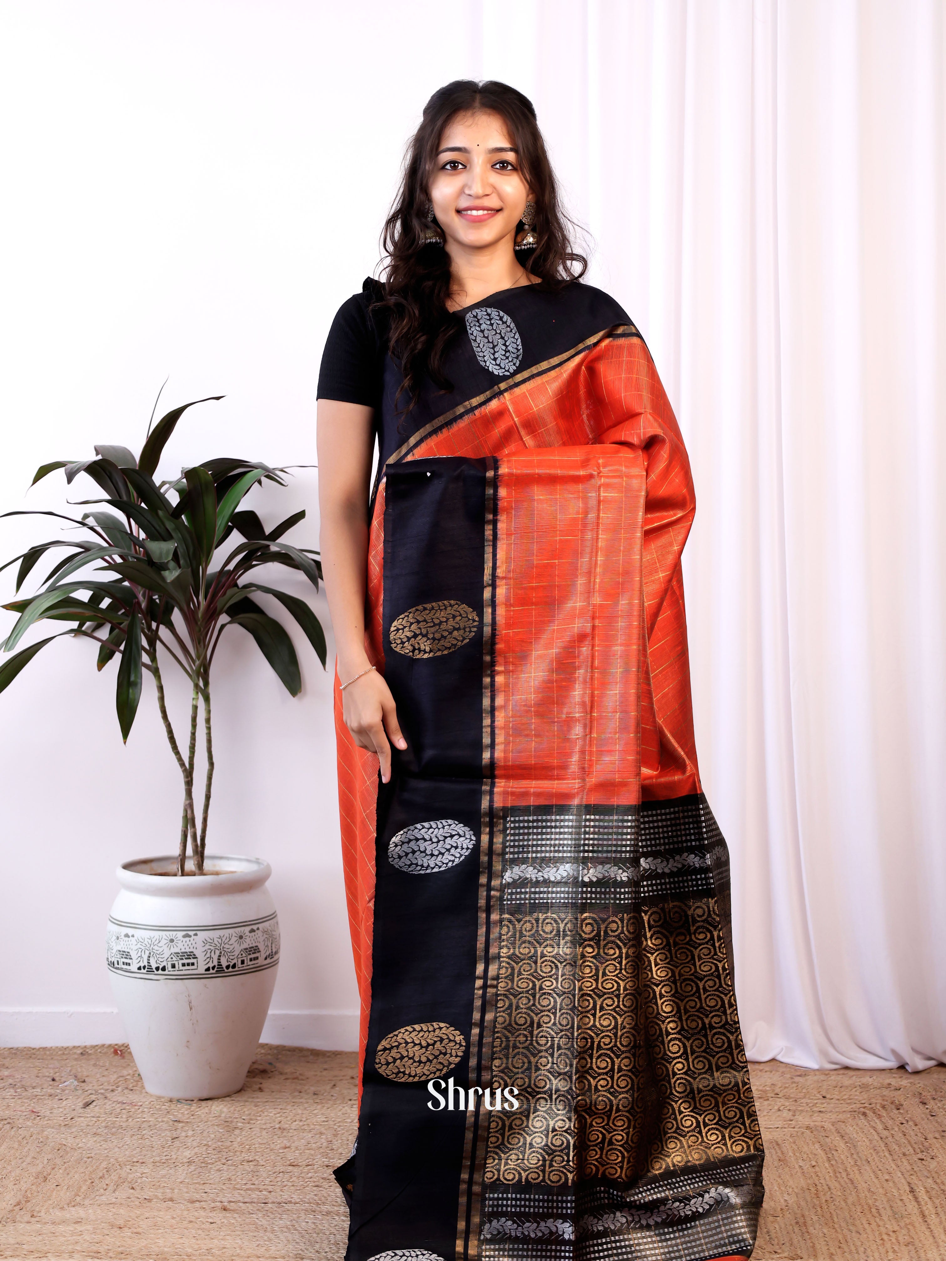 Orange & Black - Raw Silk Saree