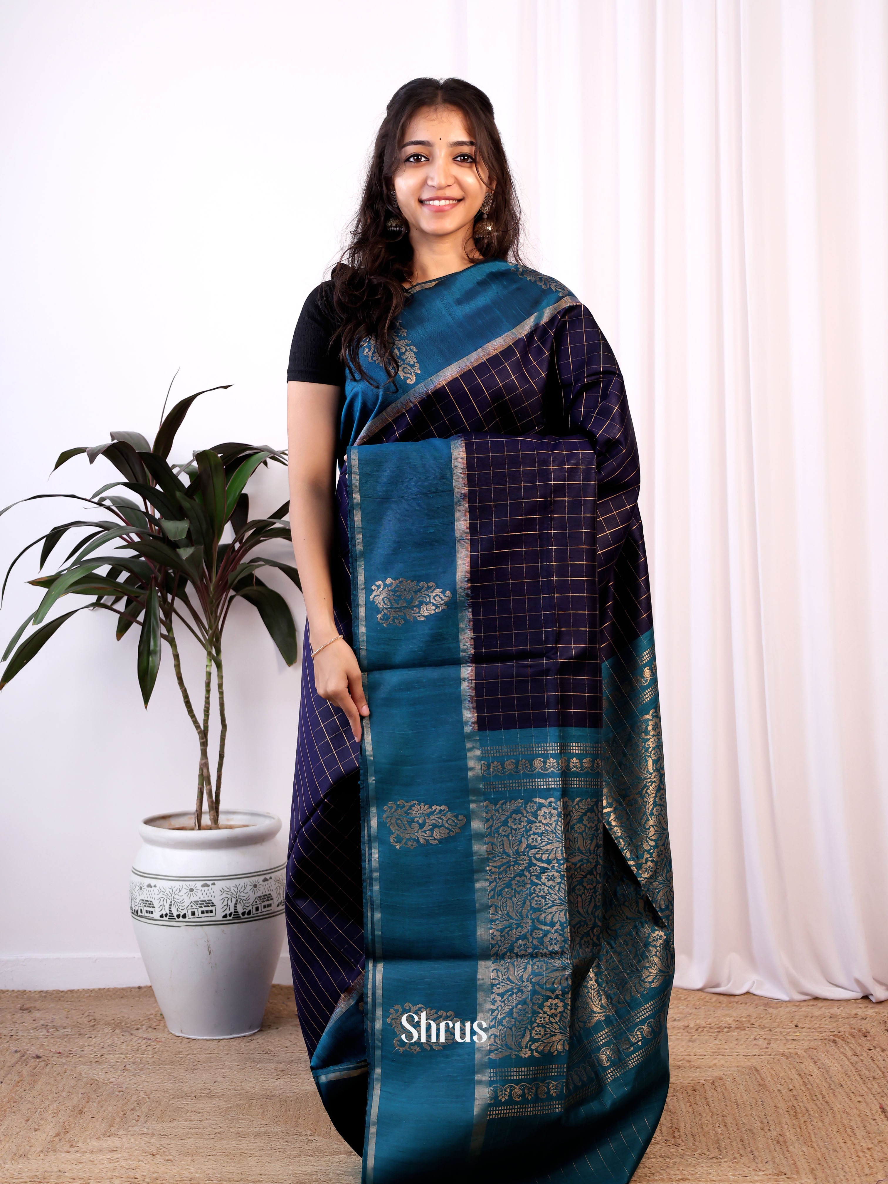 Violet & Blue - Raw Silk Saree