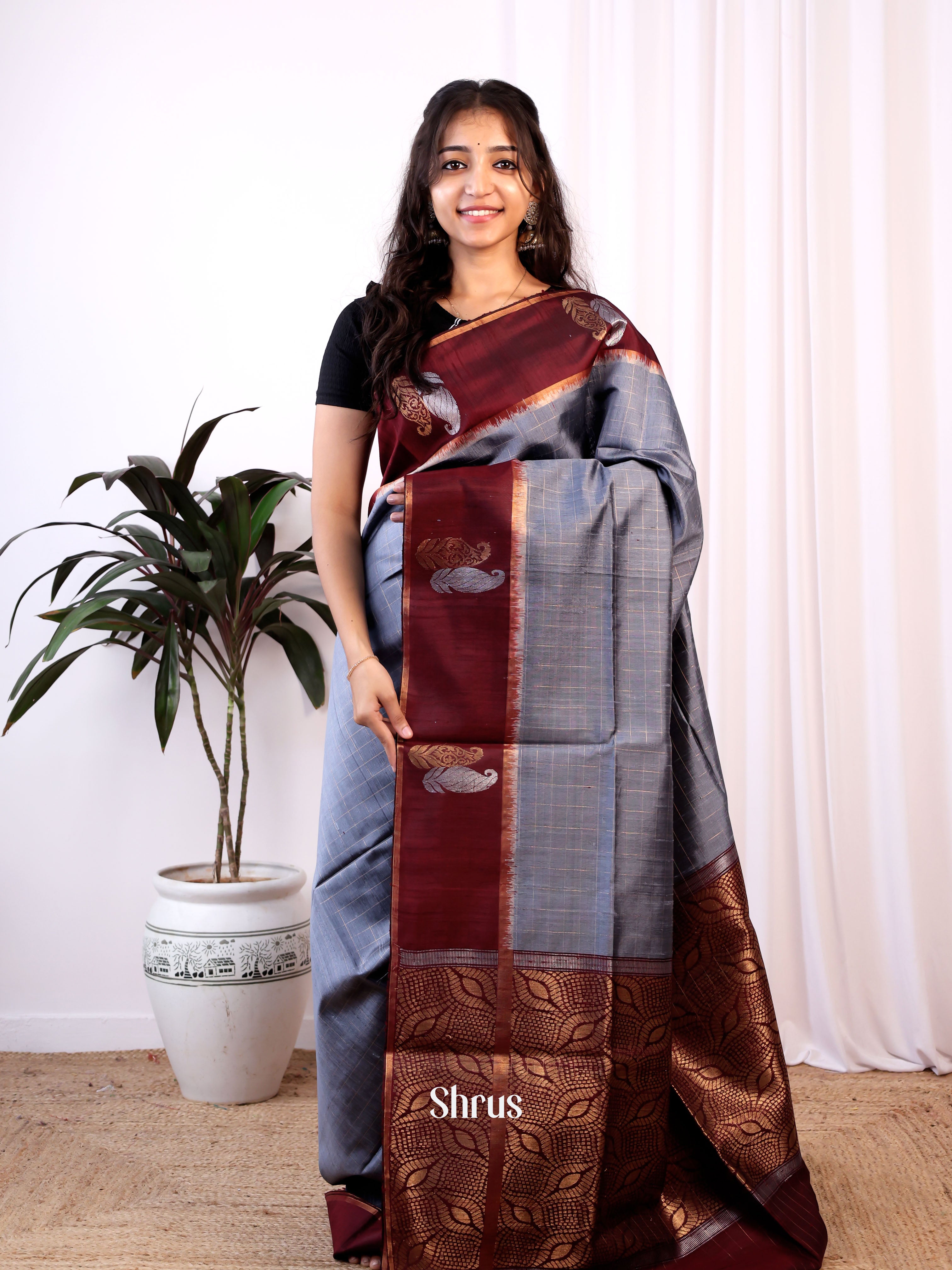 Grey & Maroon - Raw Silk Saree