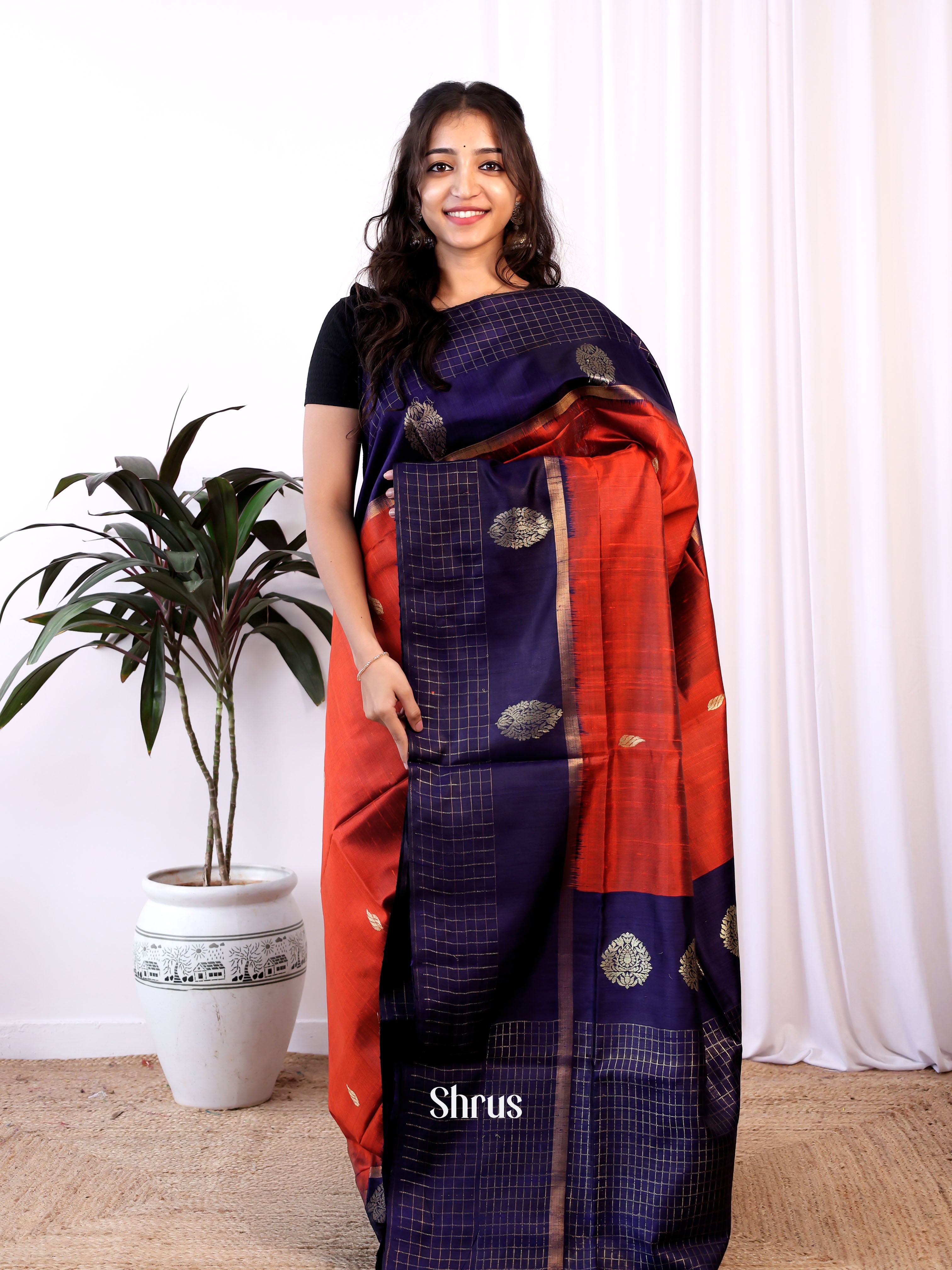 Rust & Blue - Raw Silk Saree