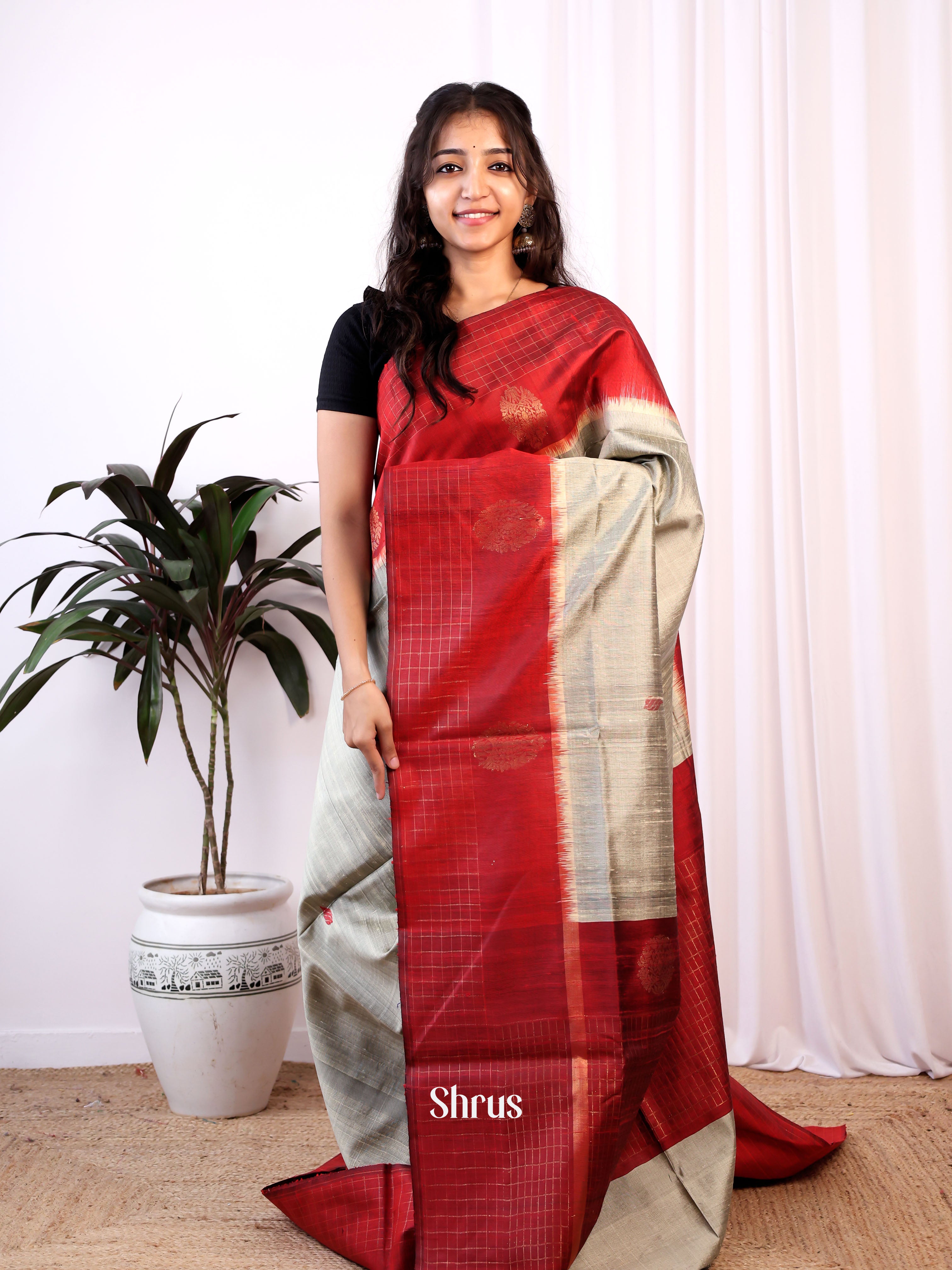 Grey & Maroon - Raw Silk Saree