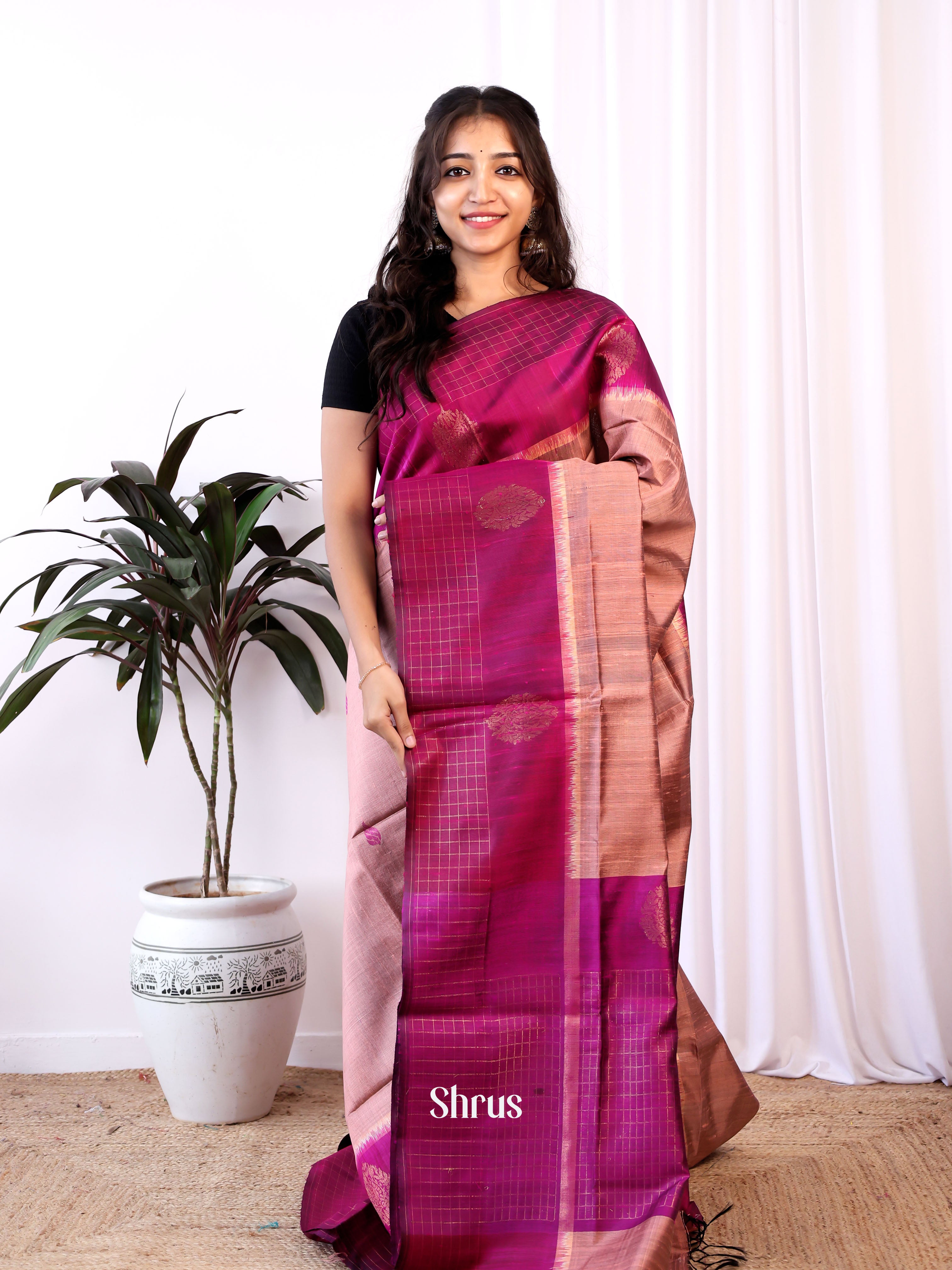 Brown & Purple - Raw Silk Saree