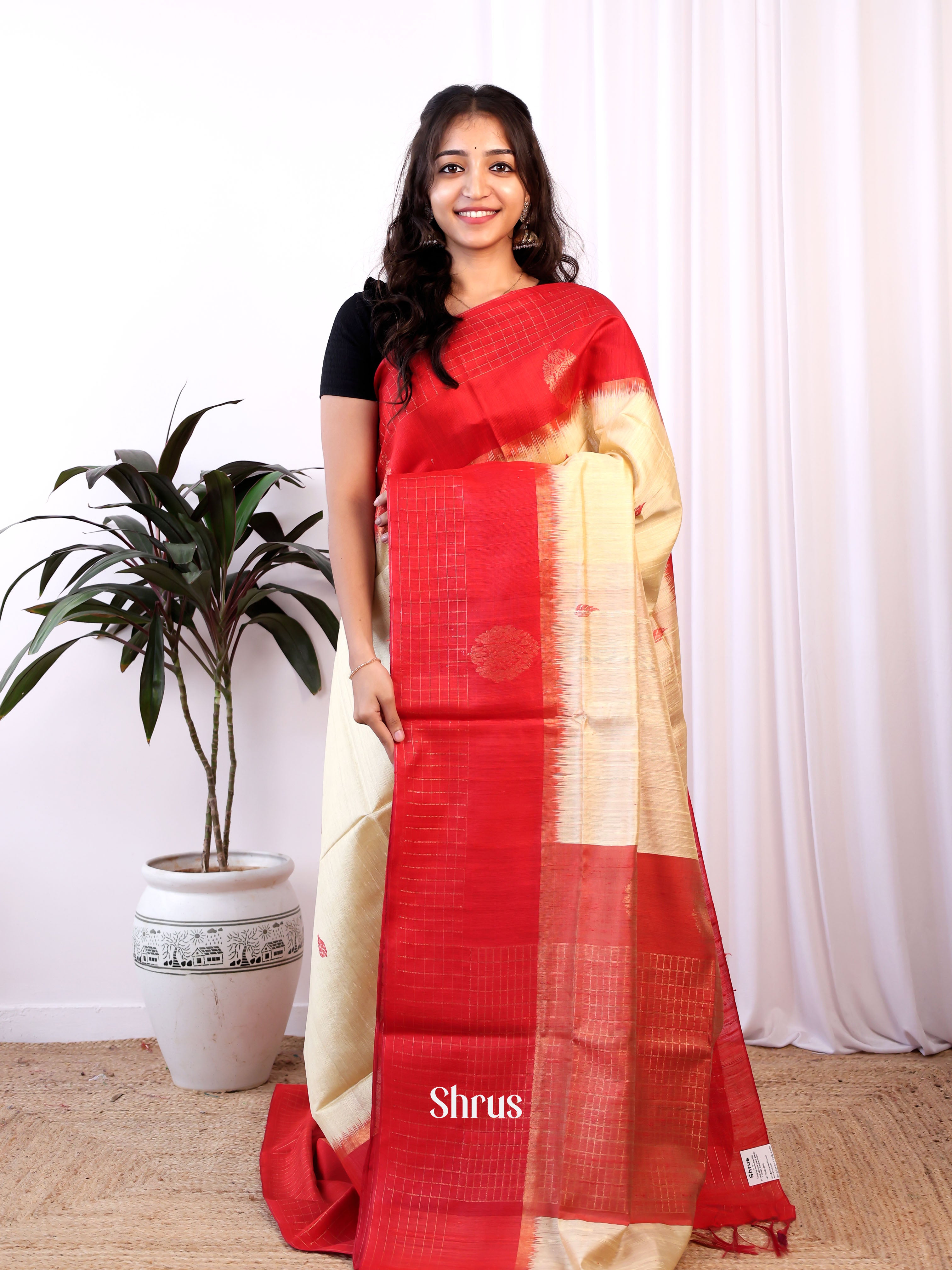 Cream & Red - Raw Silk Saree