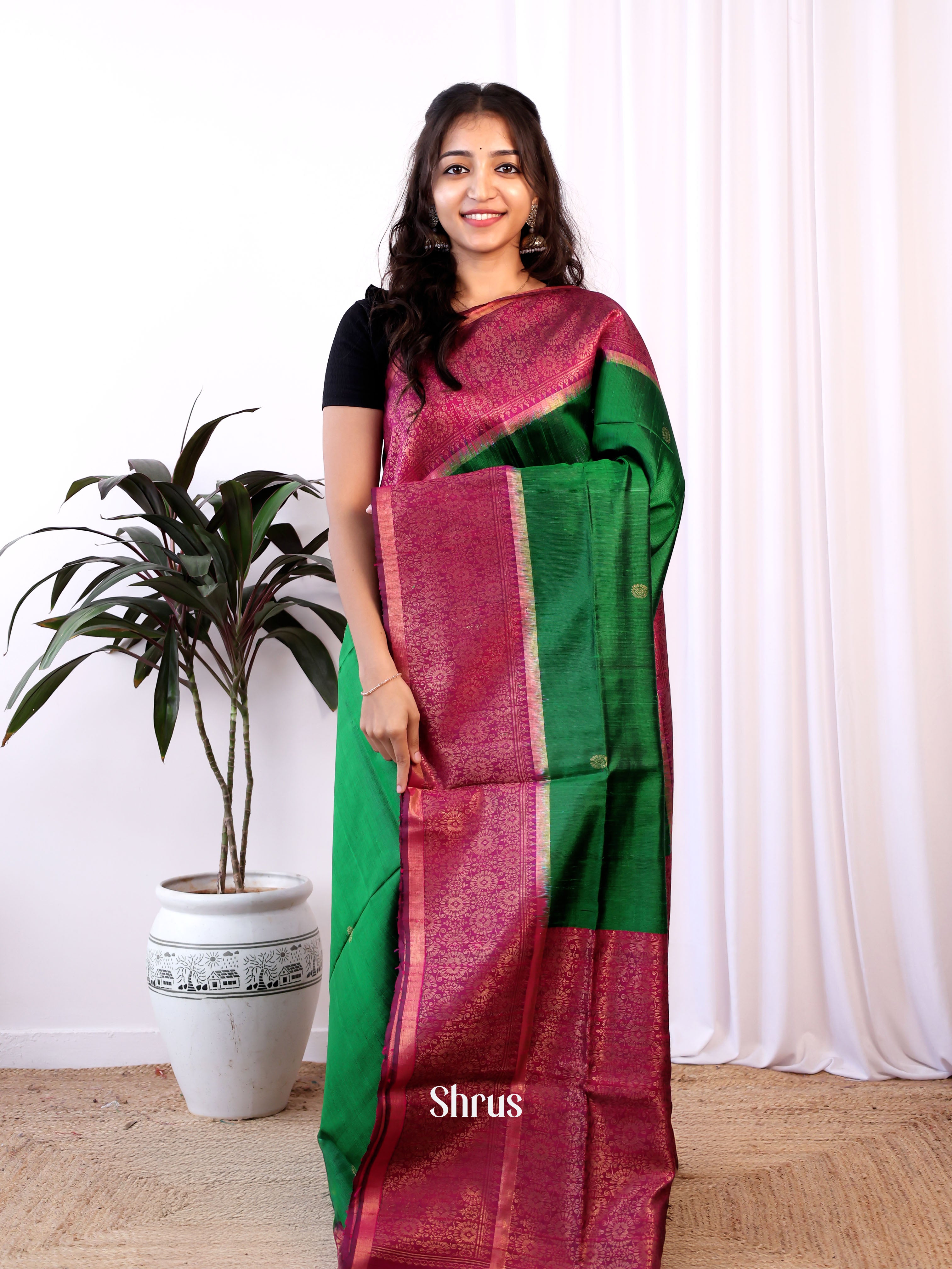 Green & Maroon- Raw Silk Saree