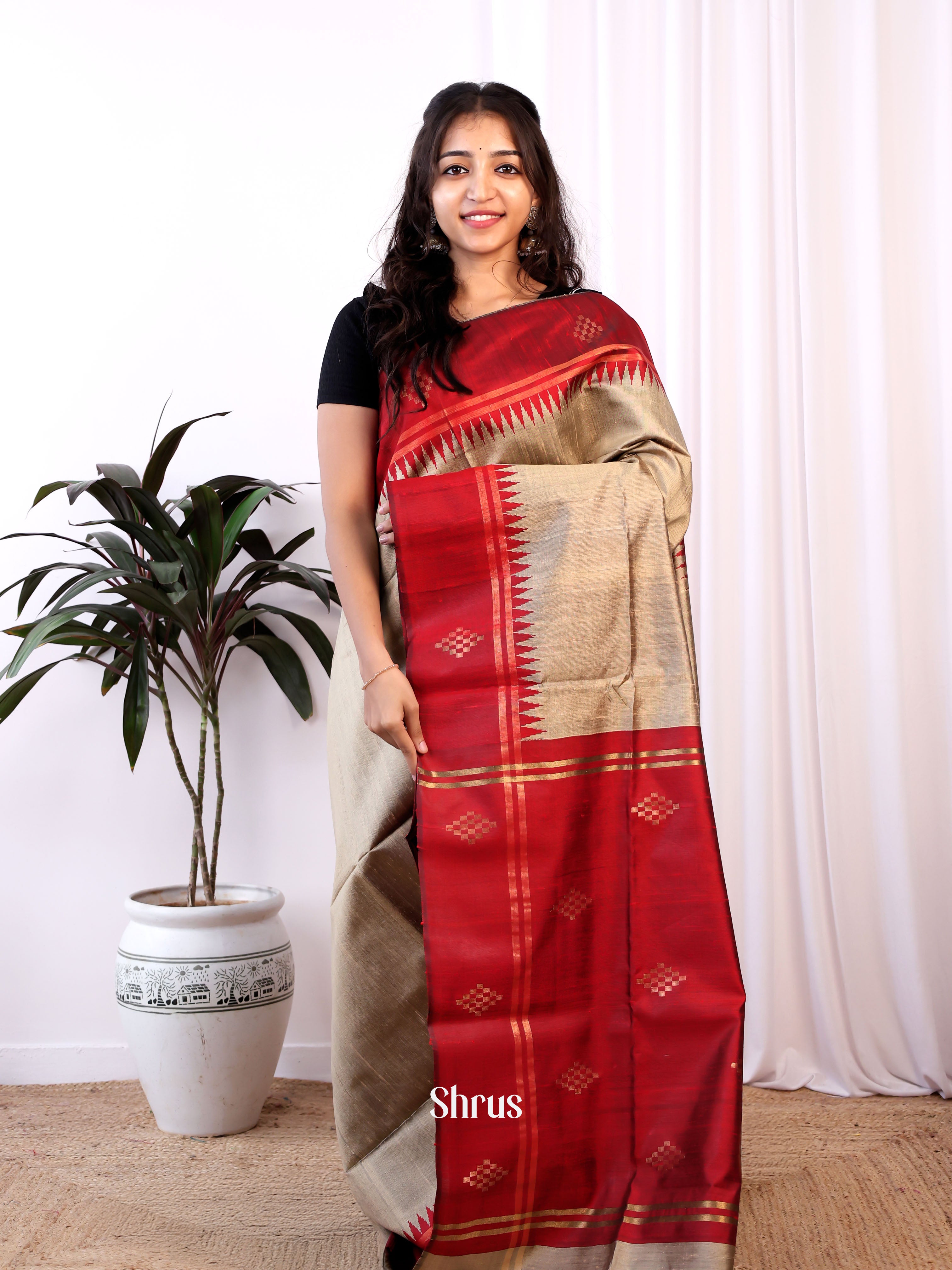 Grey  & Red - Raw Silk Saree