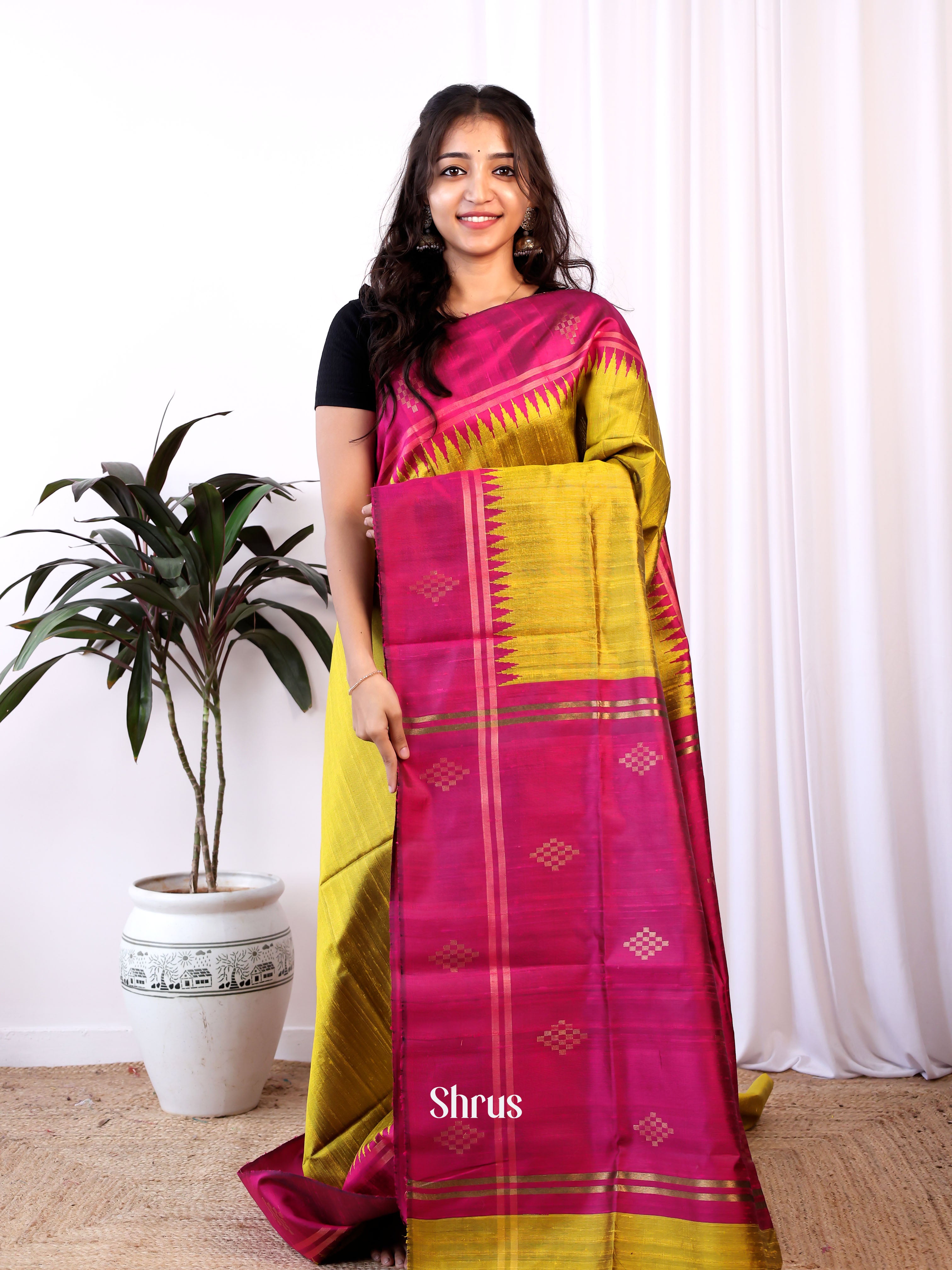 Mustardy Green & Majenta - Raw Silk Saree