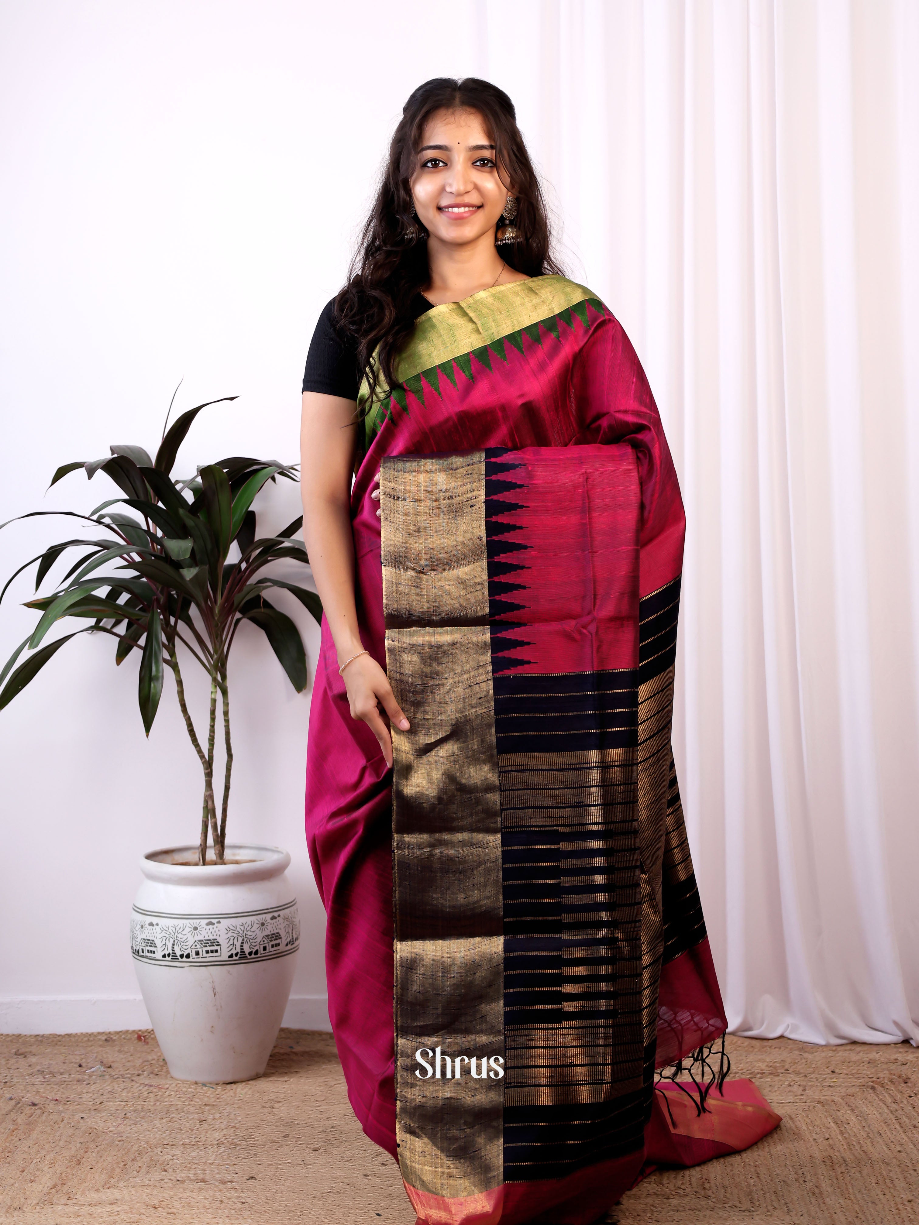 Majenta & Black - Raw Silk Saree