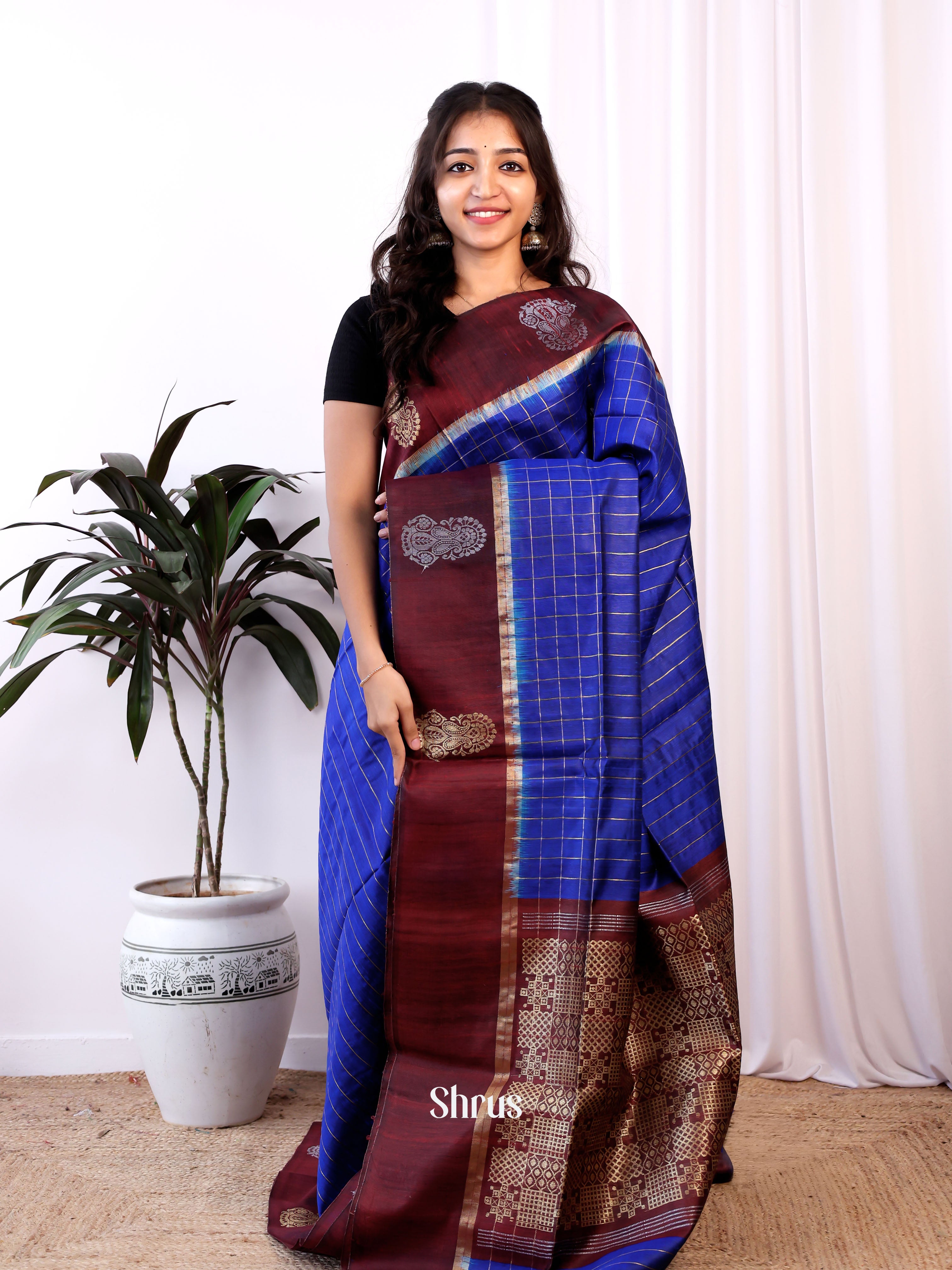 Blue & Brown - Raw Silk Saree