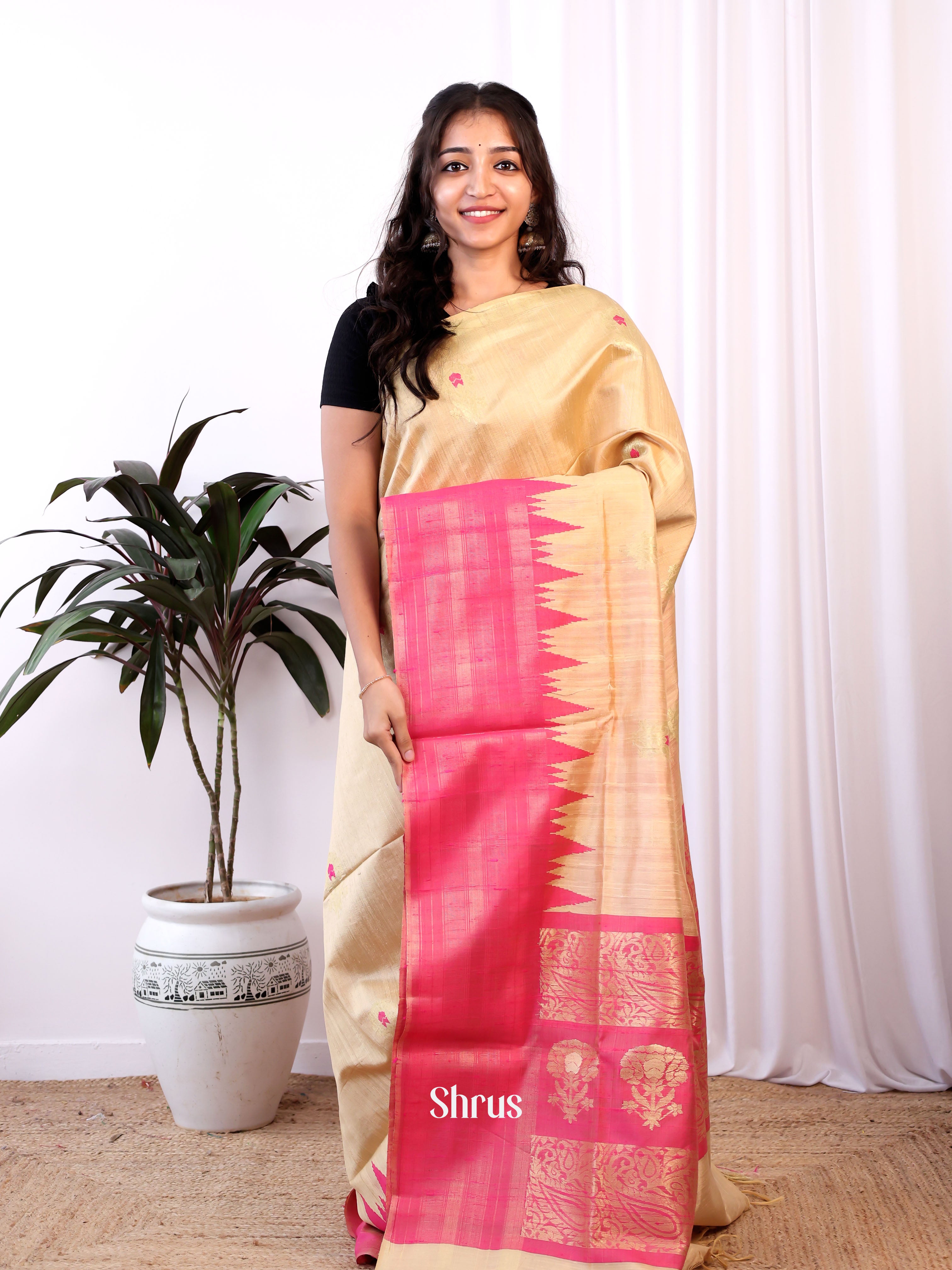 Cream & Pink - Raw Silk Saree