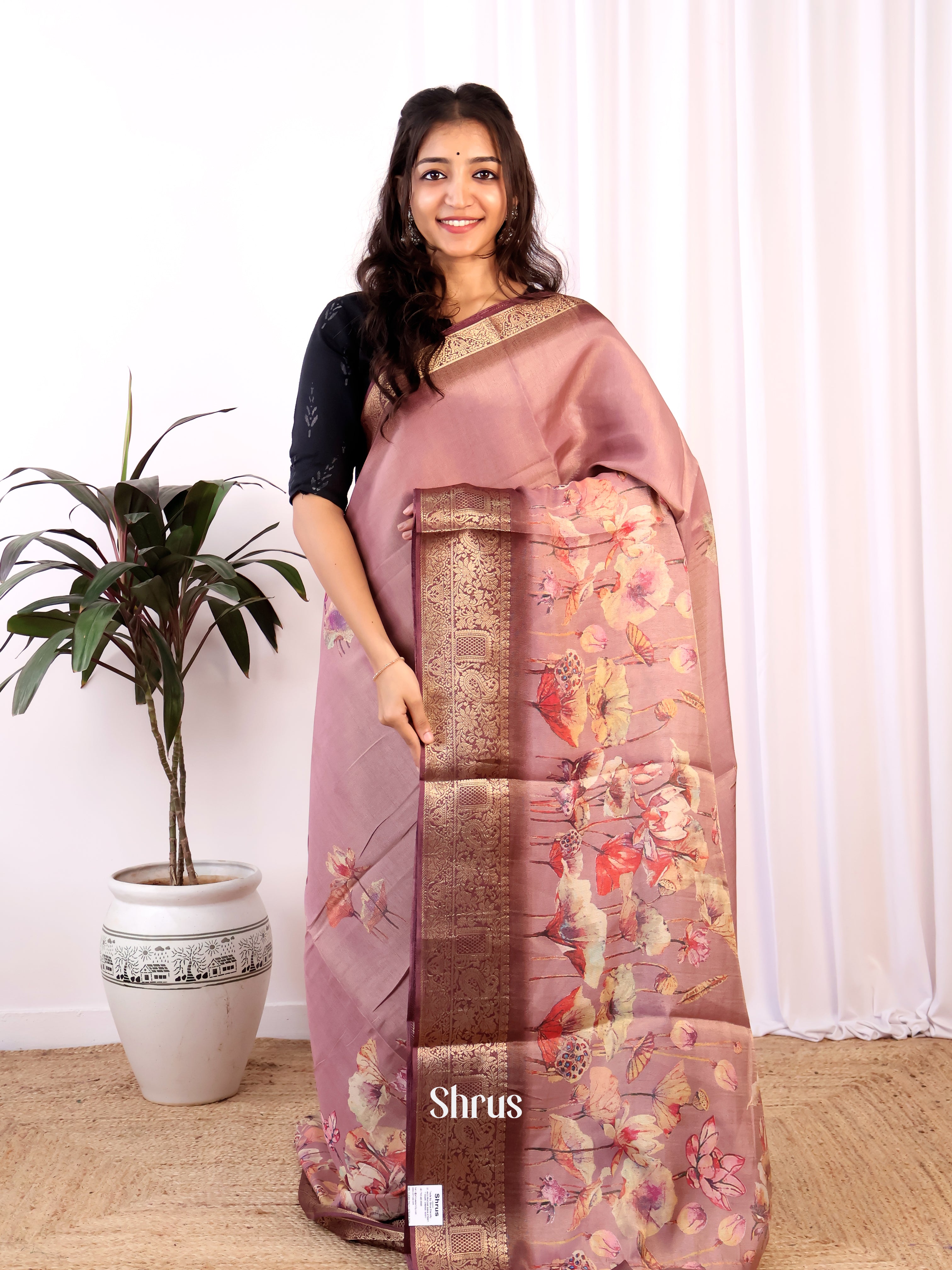 Purple & Brown- Semi Tissue Saree