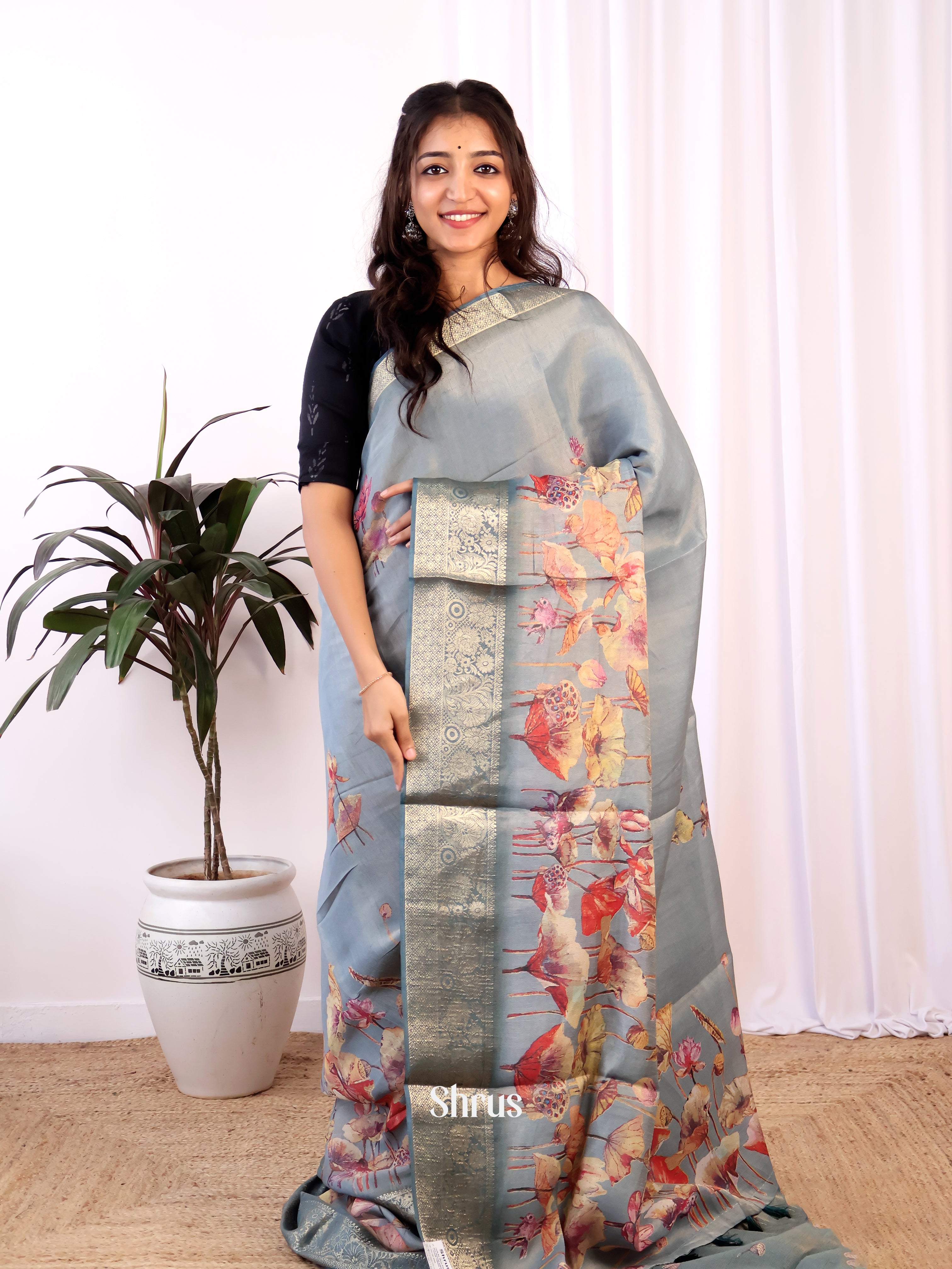 Grey - Semi Tissue Saree