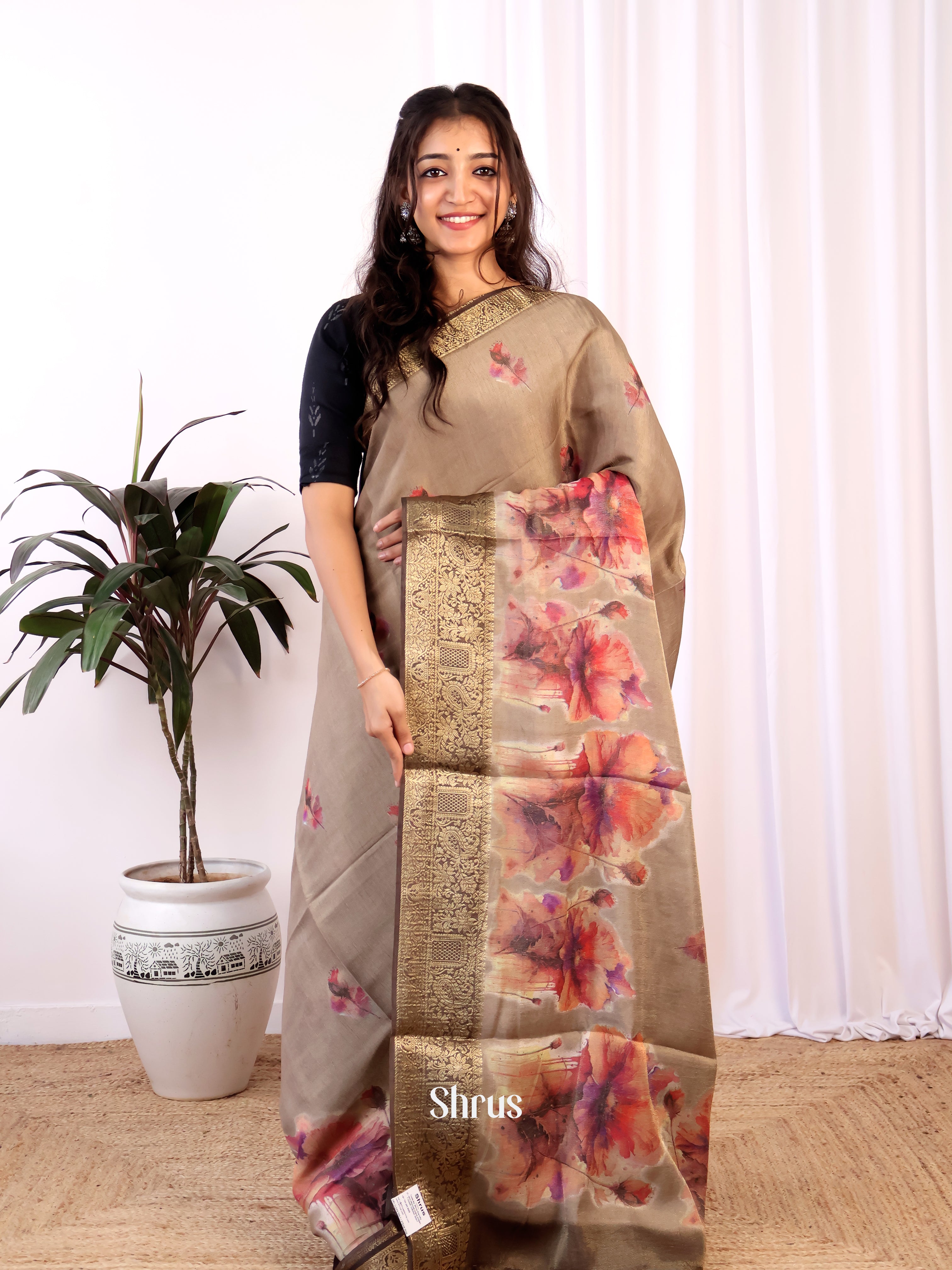 Lite Brown & Green - Semi Tissue Saree