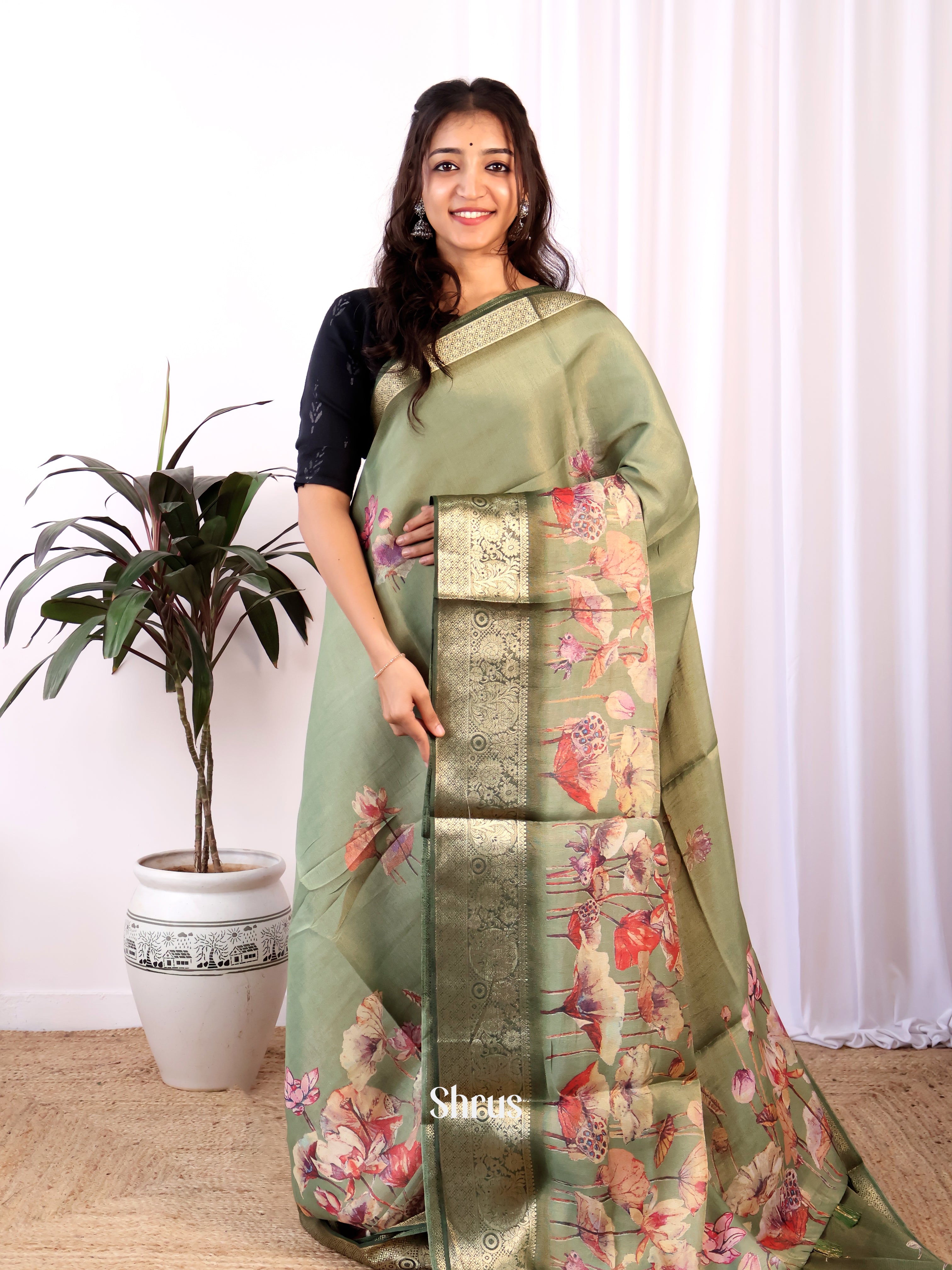 Pastel Green & Green - Semi Tissue Saree