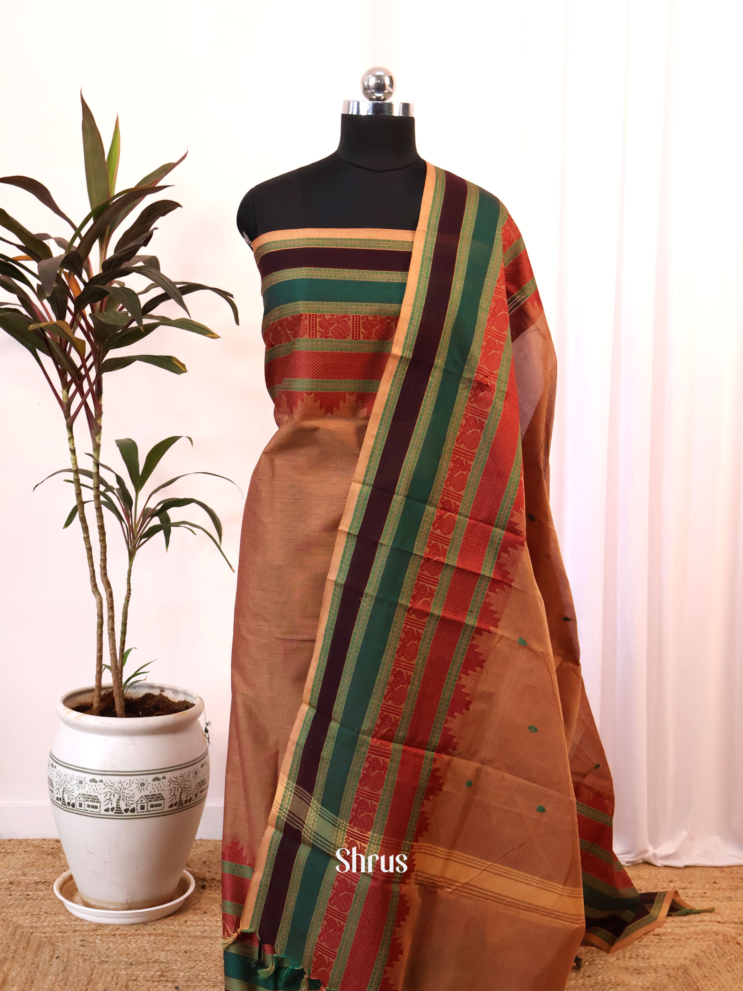 Brown & Green - chettinad top & dupatta combo