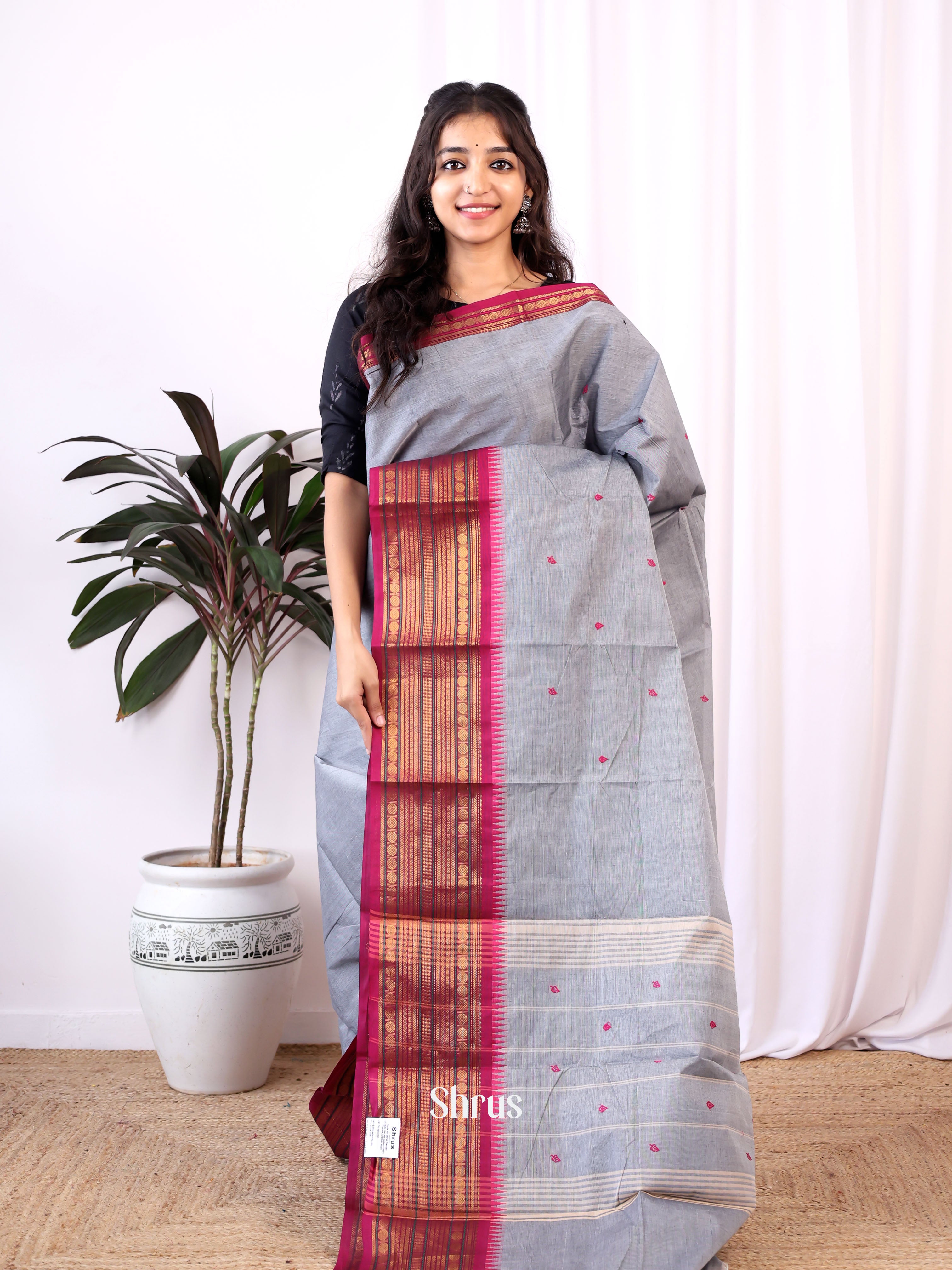 Grey &  Maroon - Chettinad Cotton Saree