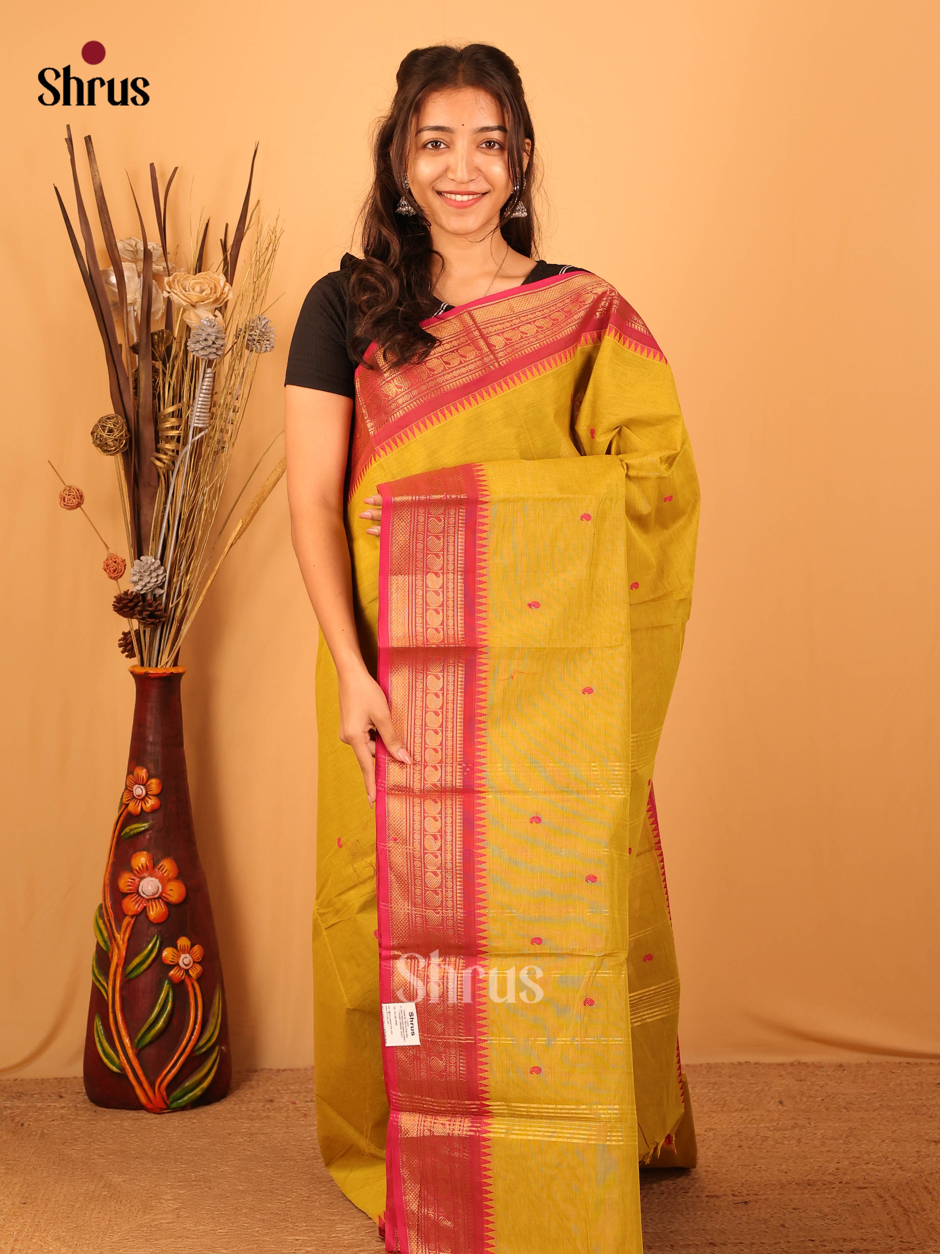 Mustardy Green & Red - Chettinad Cotton Saree - Shop on Shrus.com