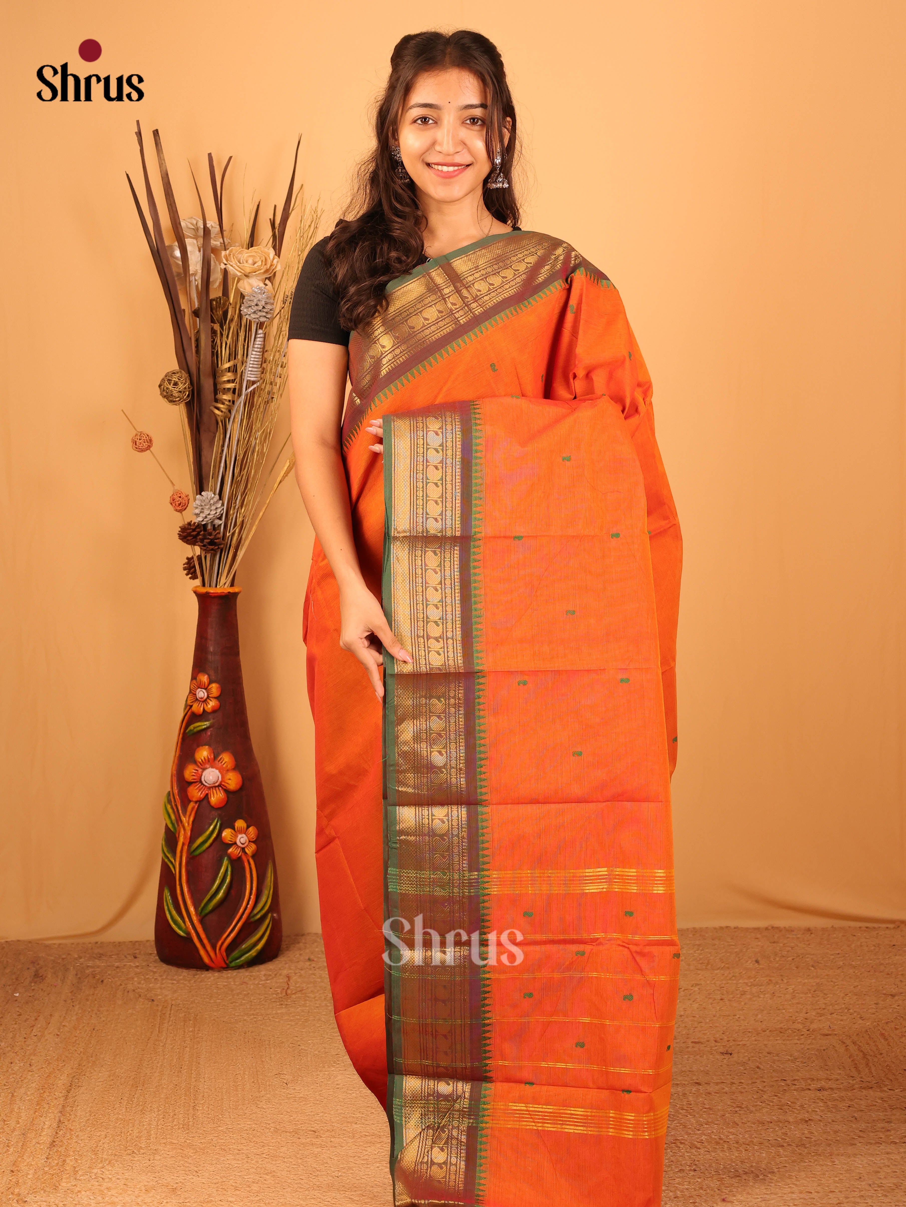 Orange & Green - Chettinad Cotton Saree - Shop on Shrus.com