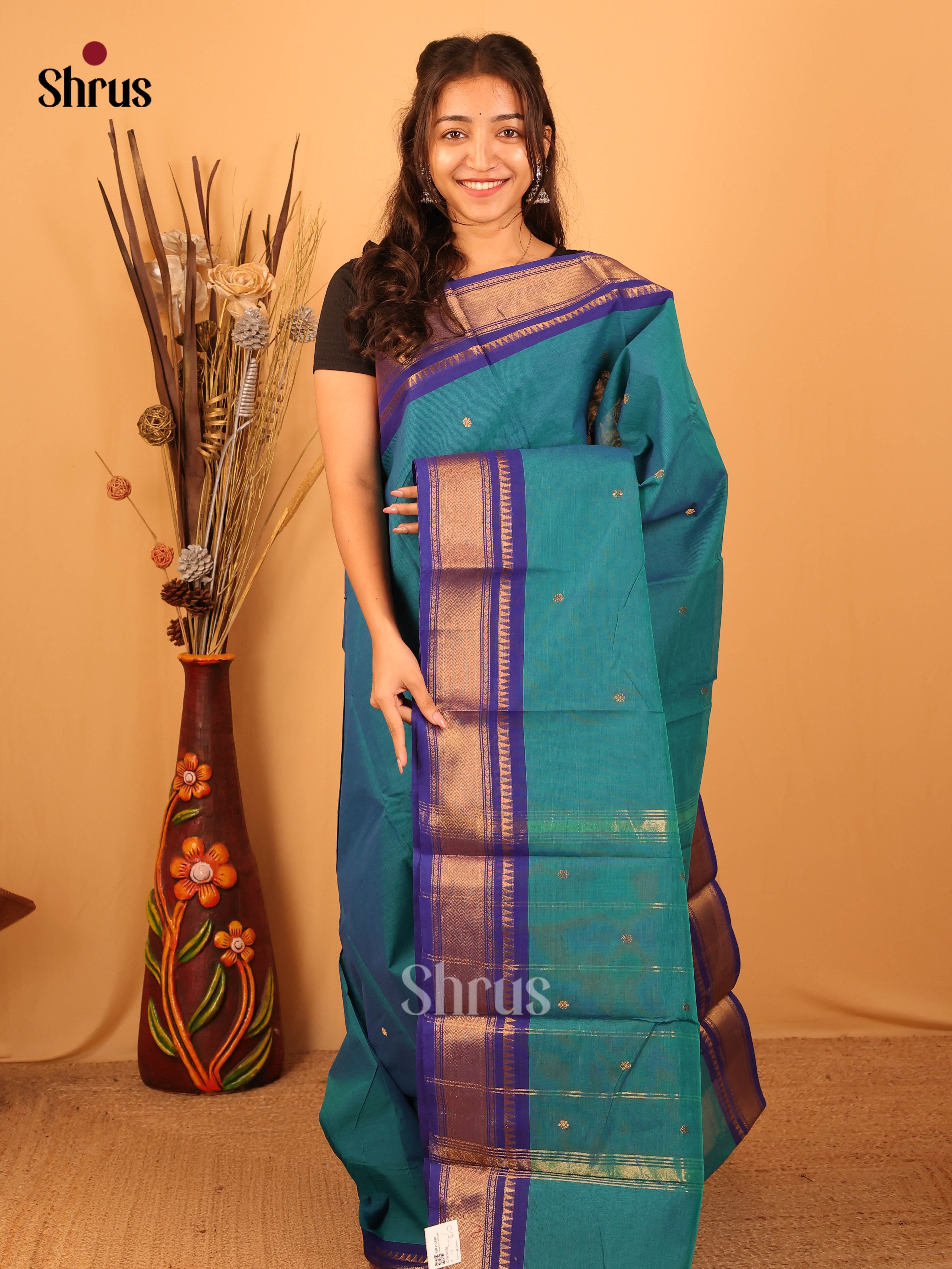 Teal & Blue - Chettinad Cotton Saree - Shop on Shrus.com