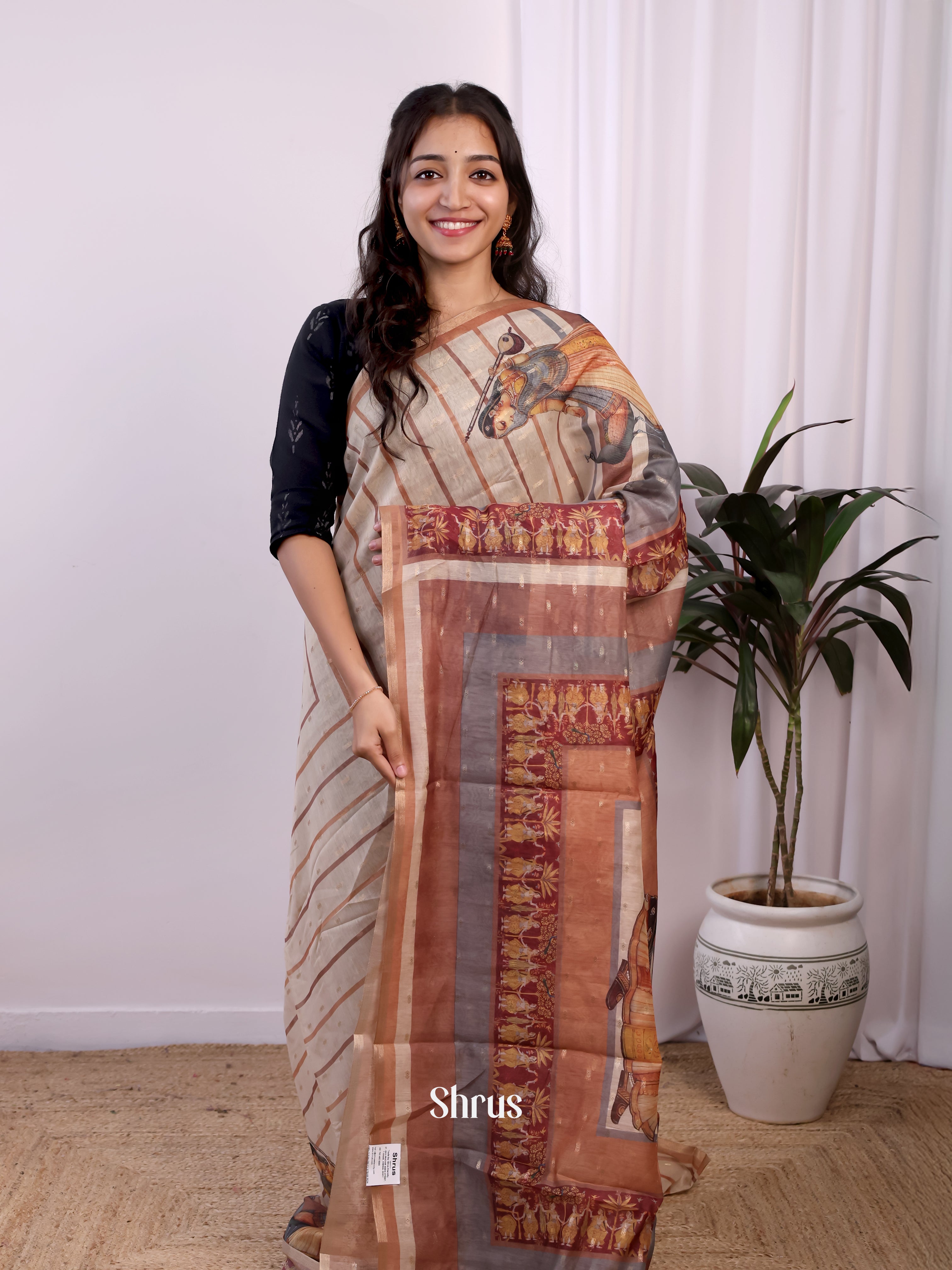 Light Beige & Onion - Semi Jute Saree