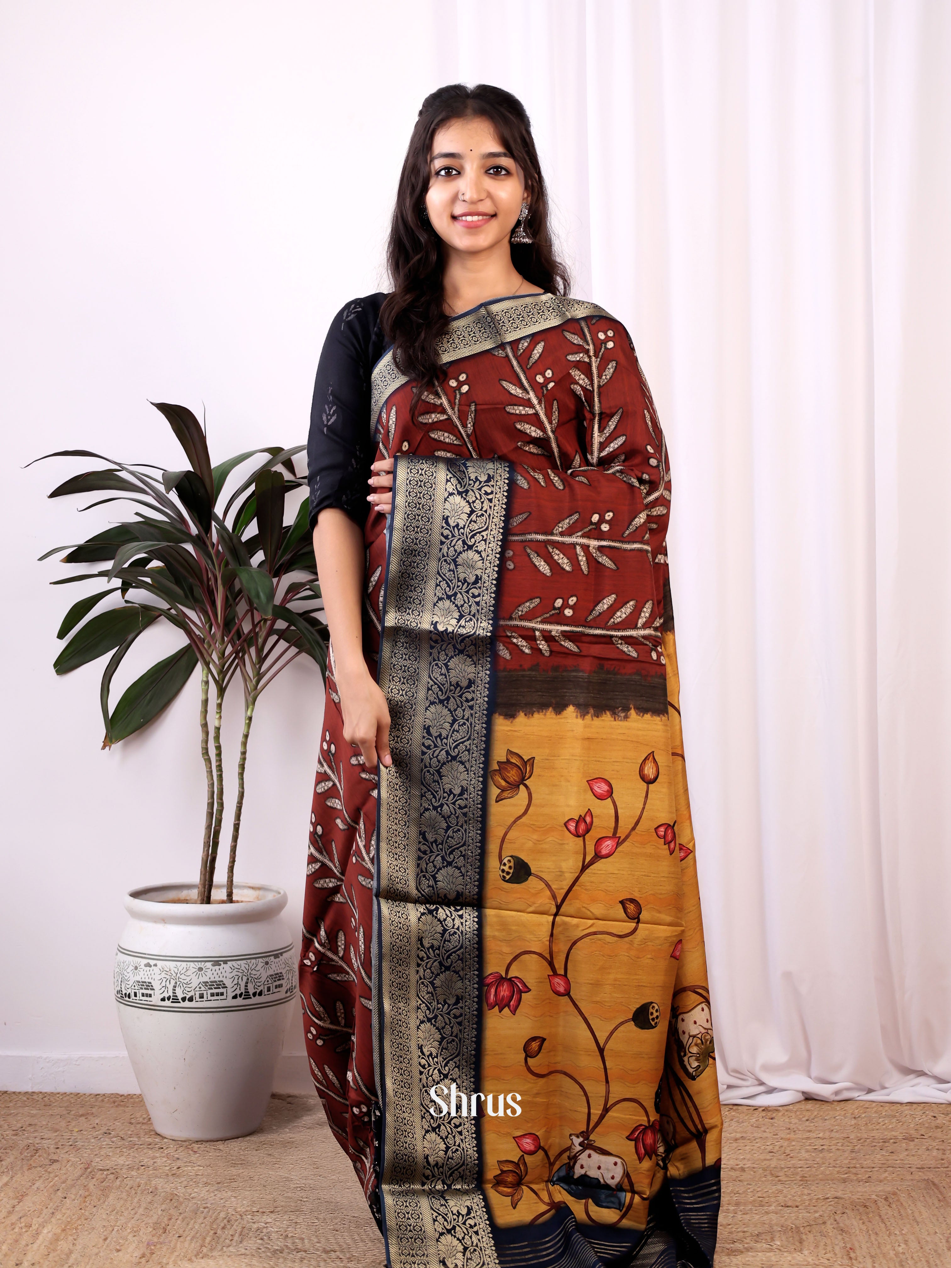 Brown & Mustard - Semi Dola silk Saree