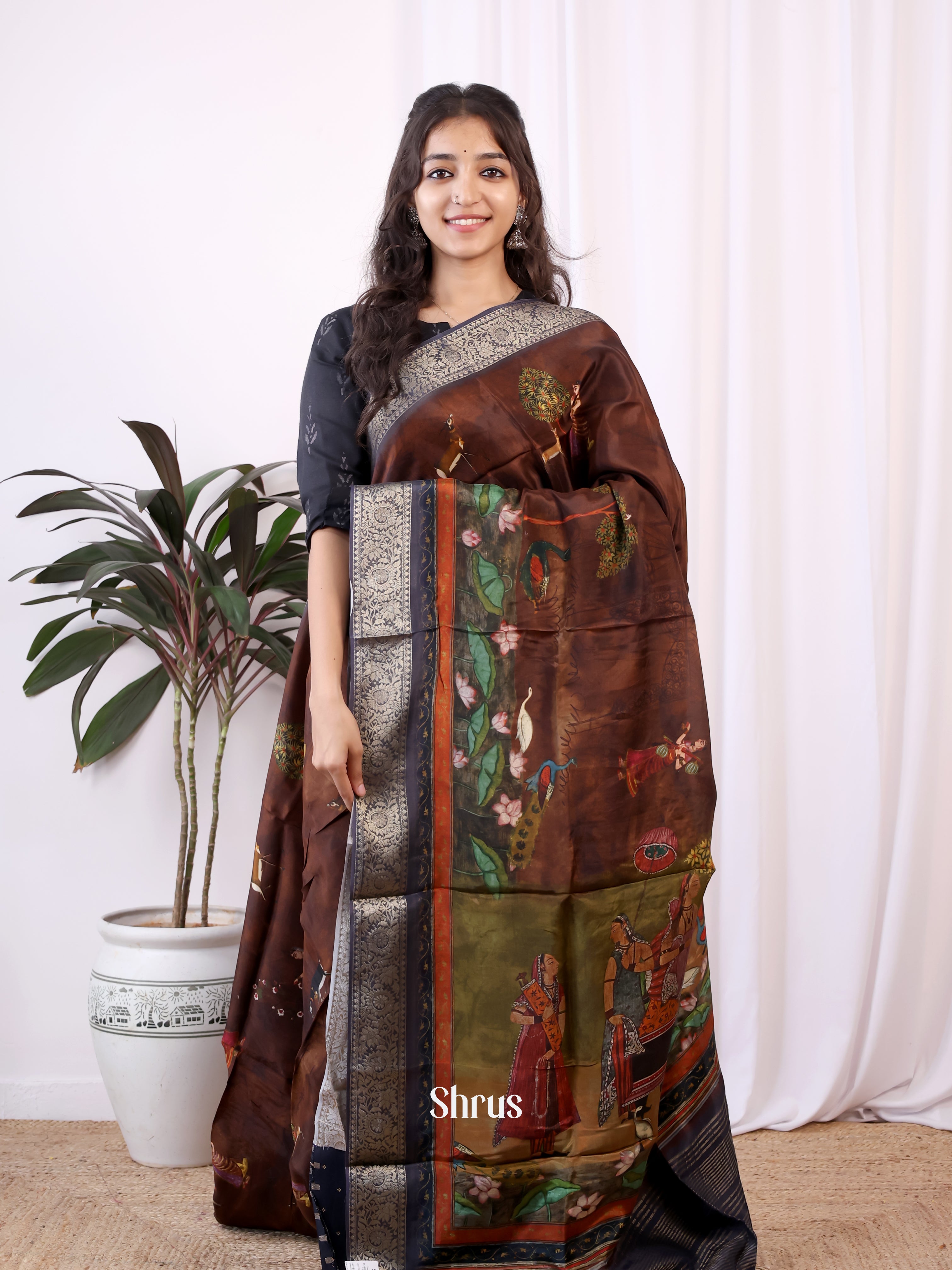 Brown & Green - Semi Dola silk Saree