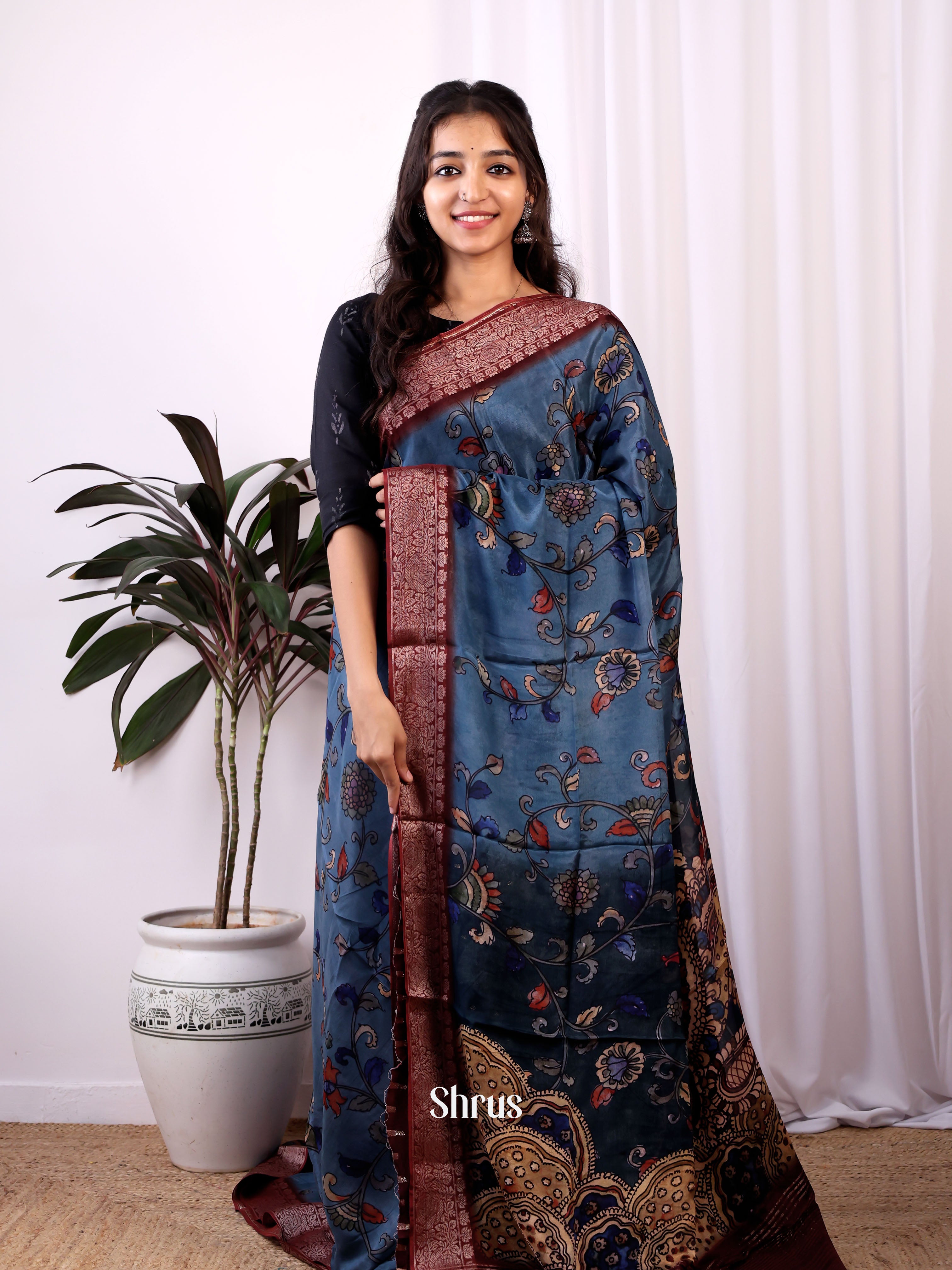 Blue & Maroon - Semi Dola silk Saree