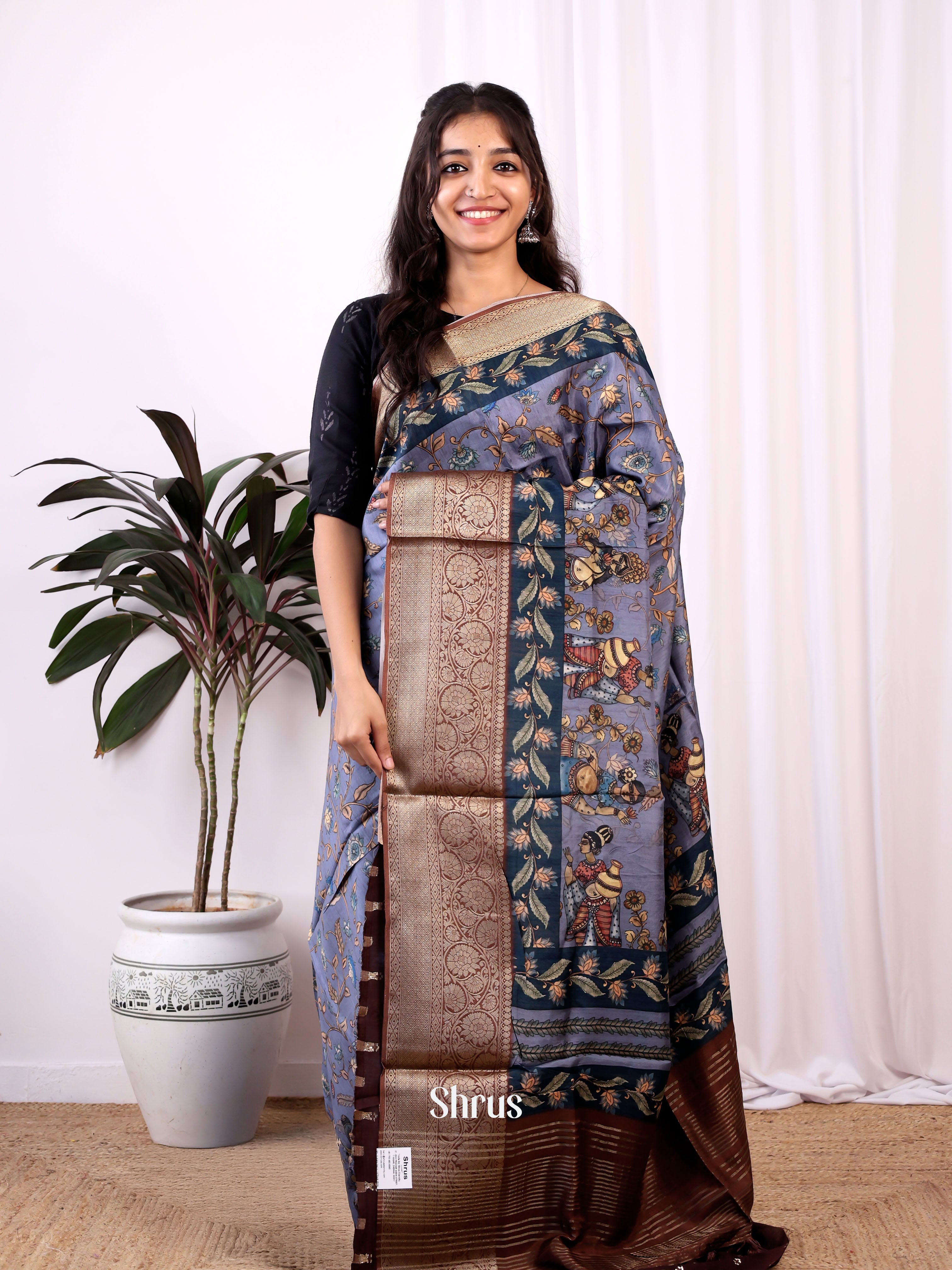 Purple & Brown - Semi Dola silk Saree