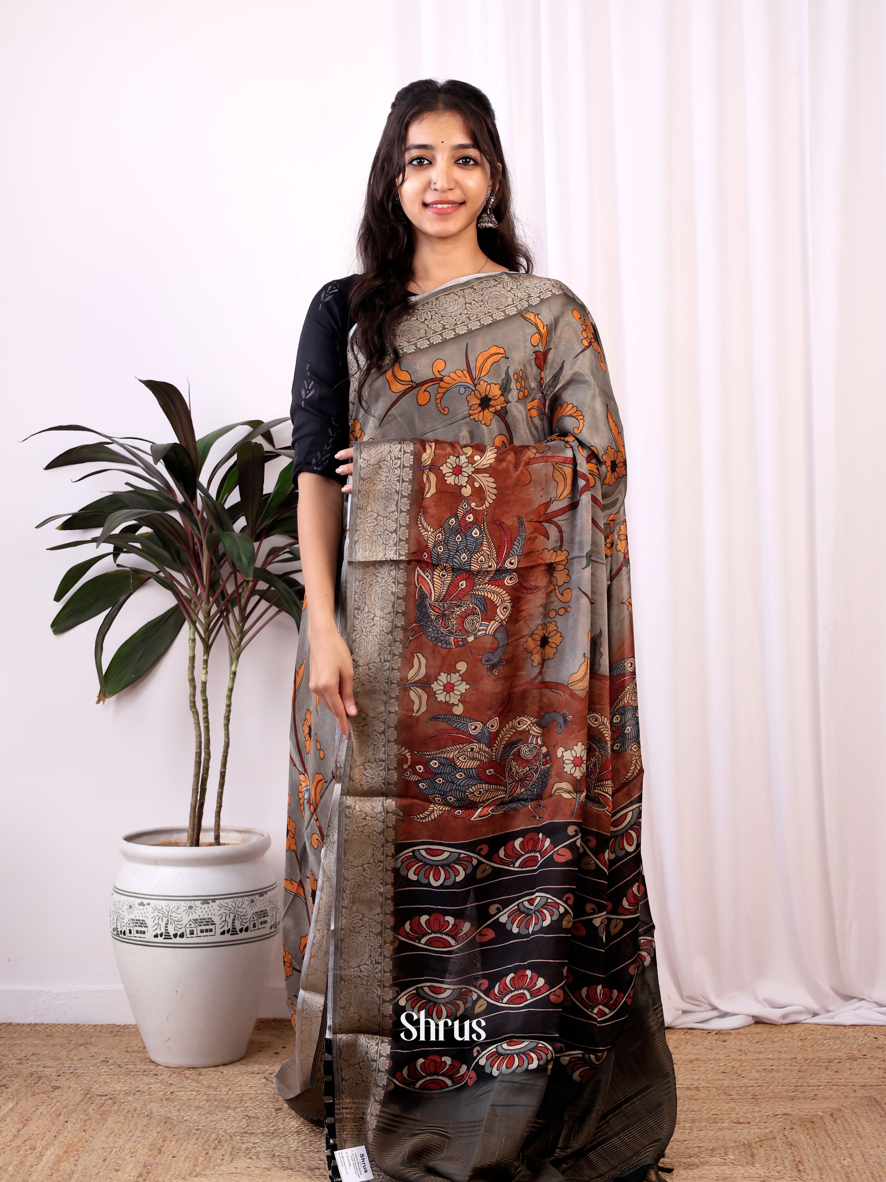 Grey & Black - Semi Dola silk Saree