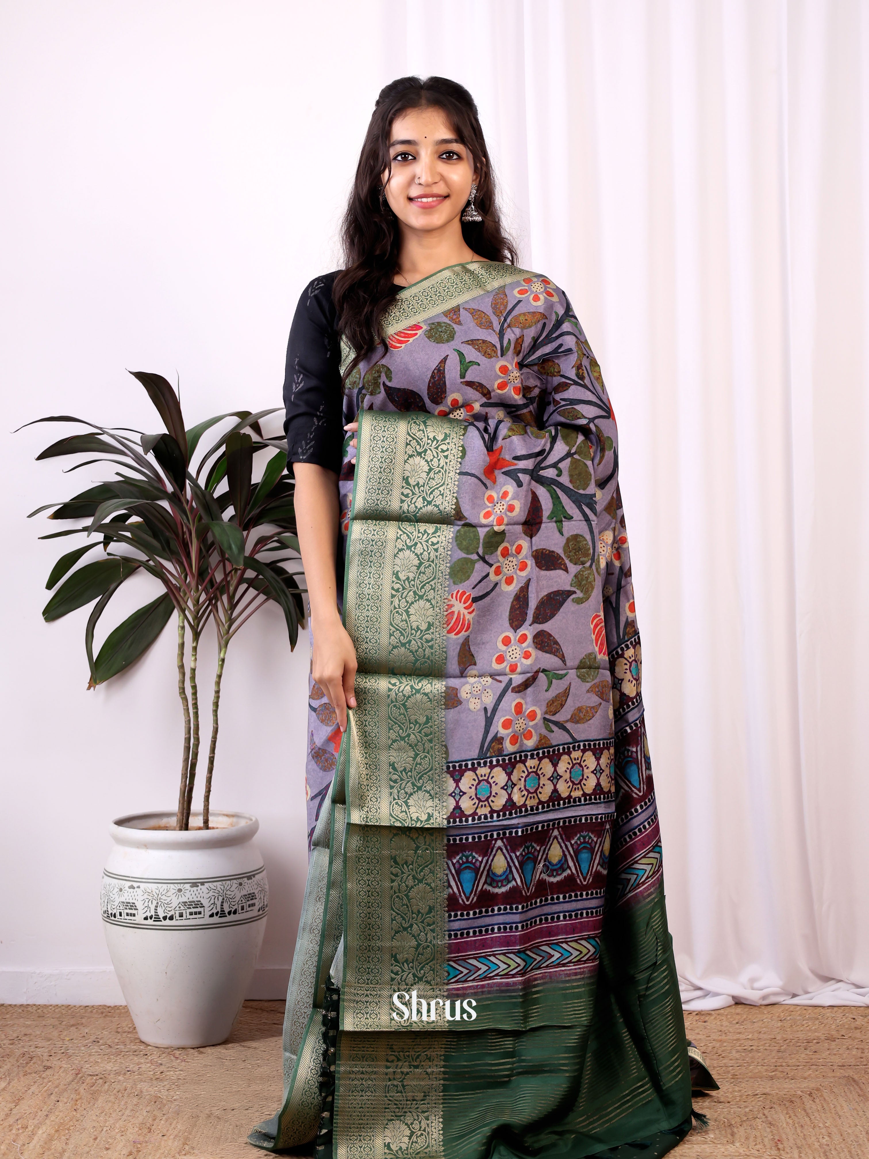 Purple & Green- Semi Dola silk Saree