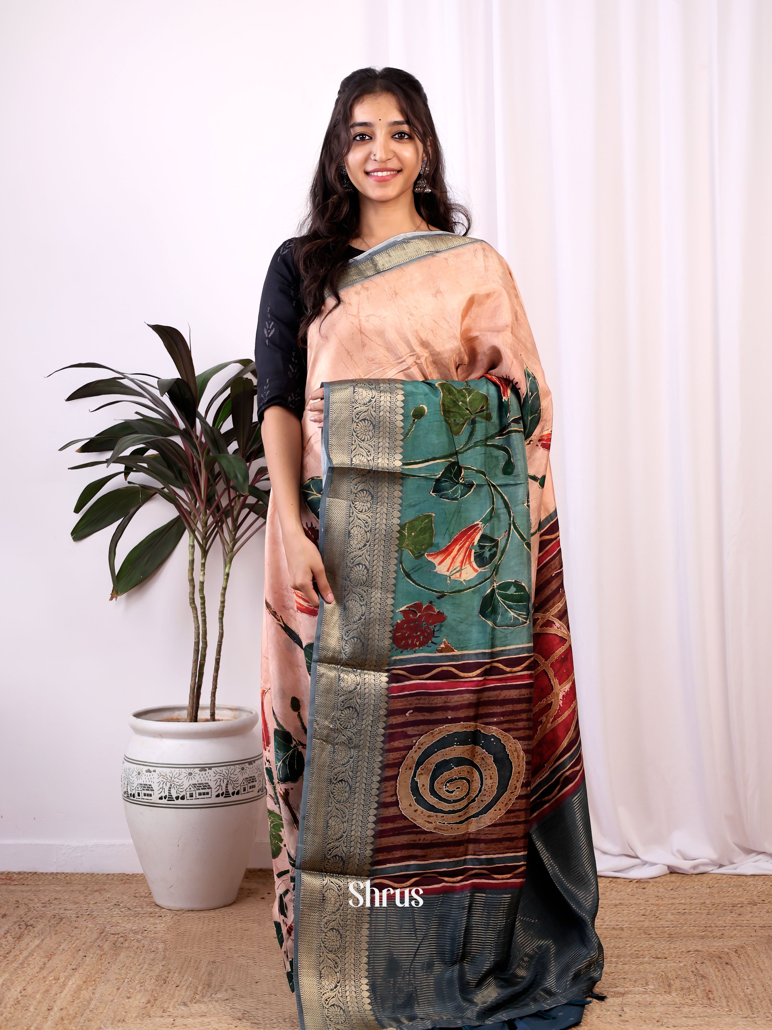 Peach & Blue - Semi Dola silk Saree