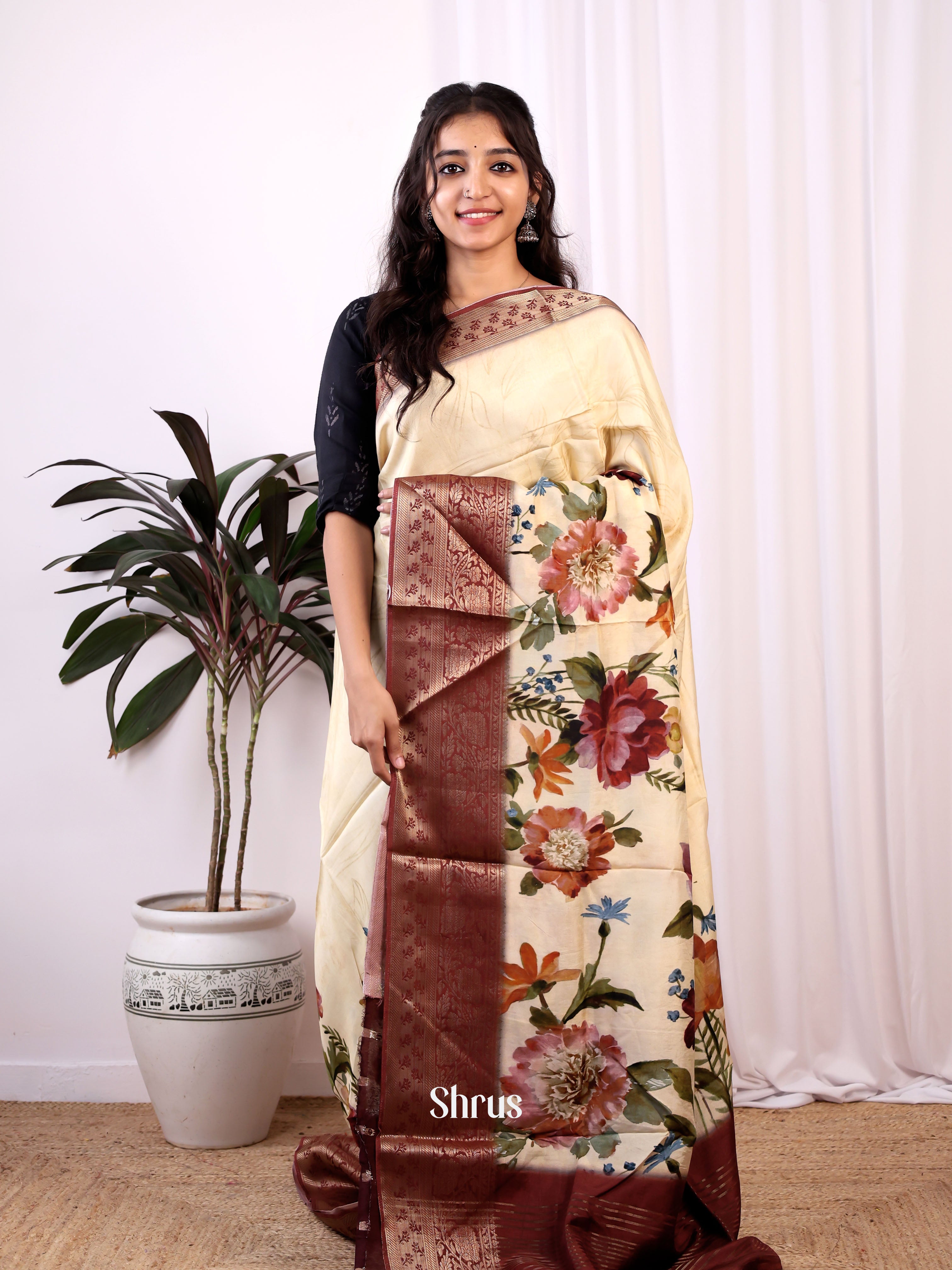 Cream  & Brown - Semi Dola silk Saree