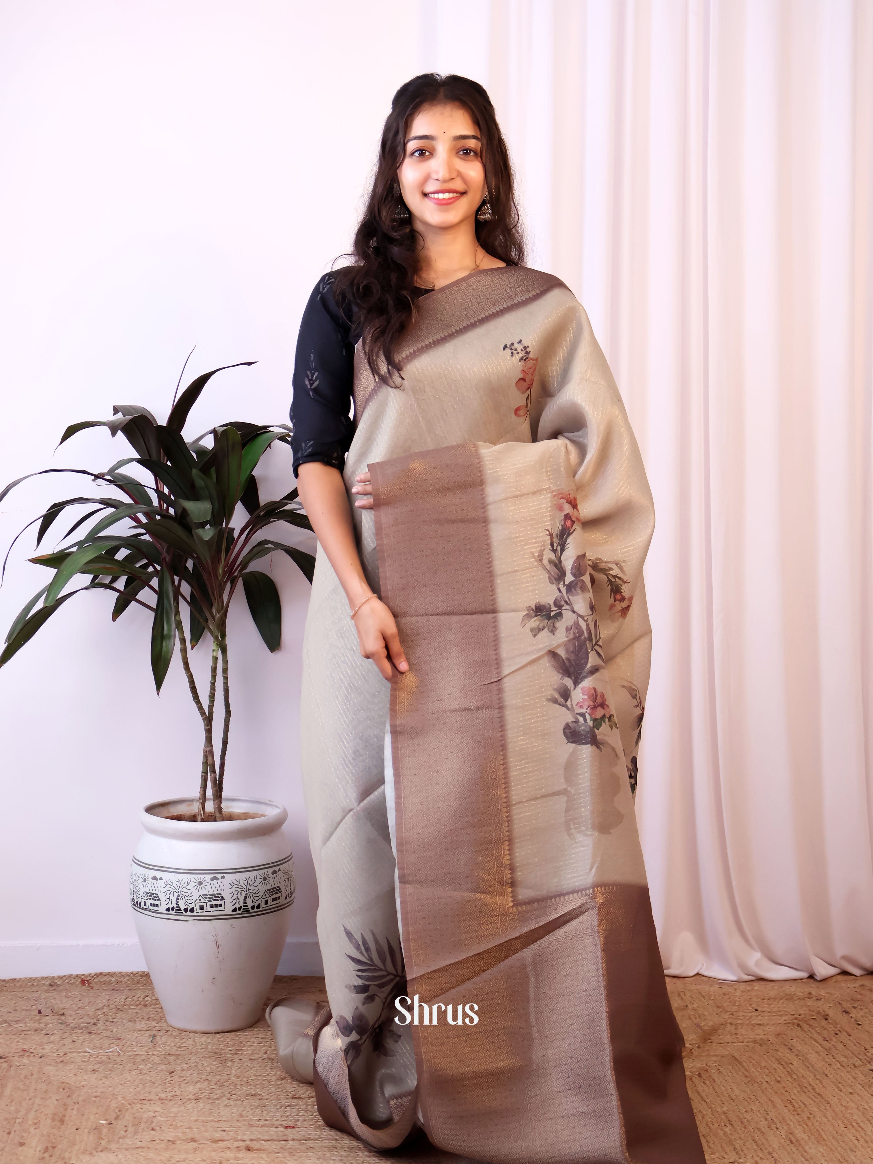 Grey & Brown - Semi Jute Saree