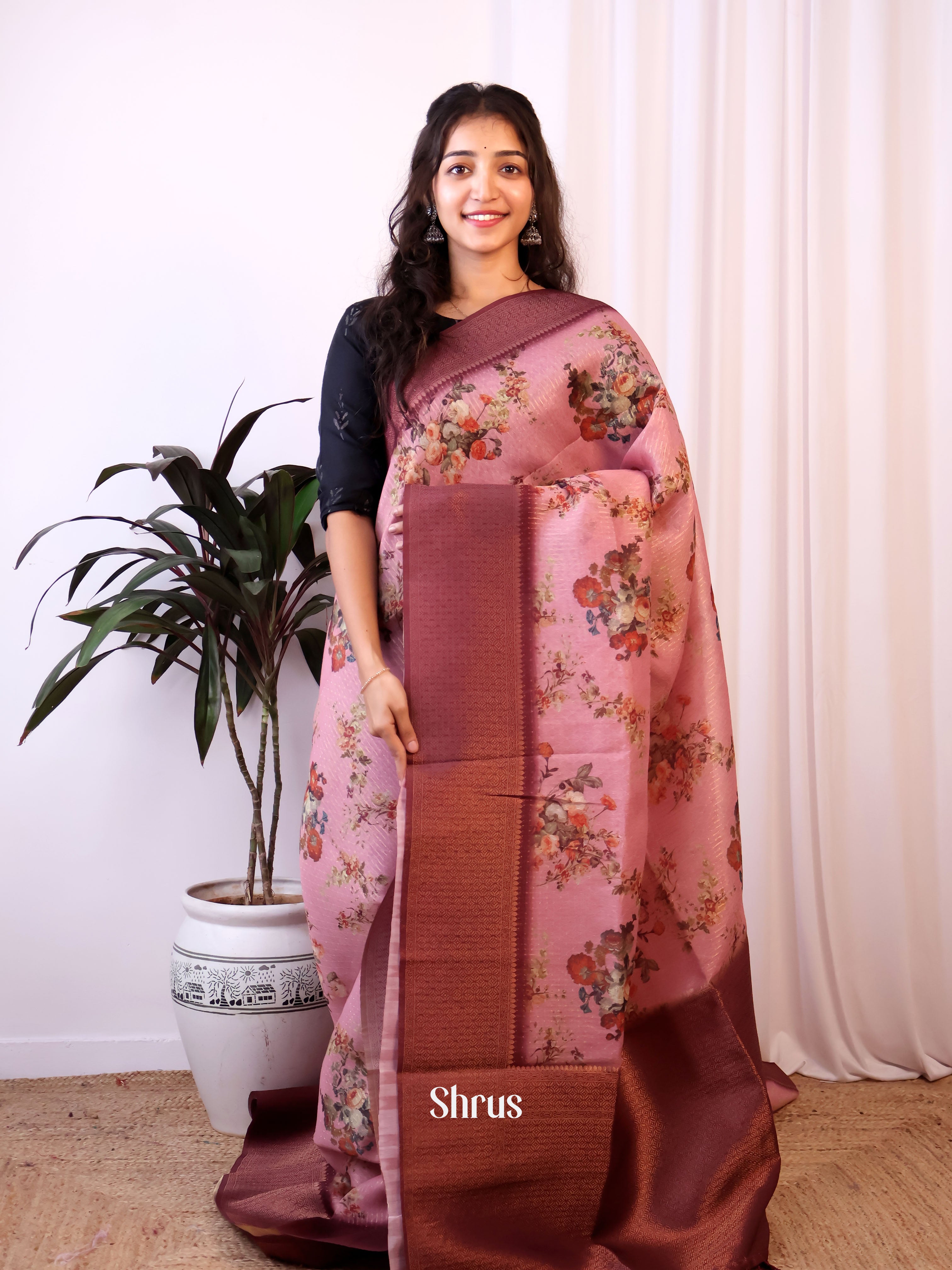 Pink & Maroon - Semi Jute Saree