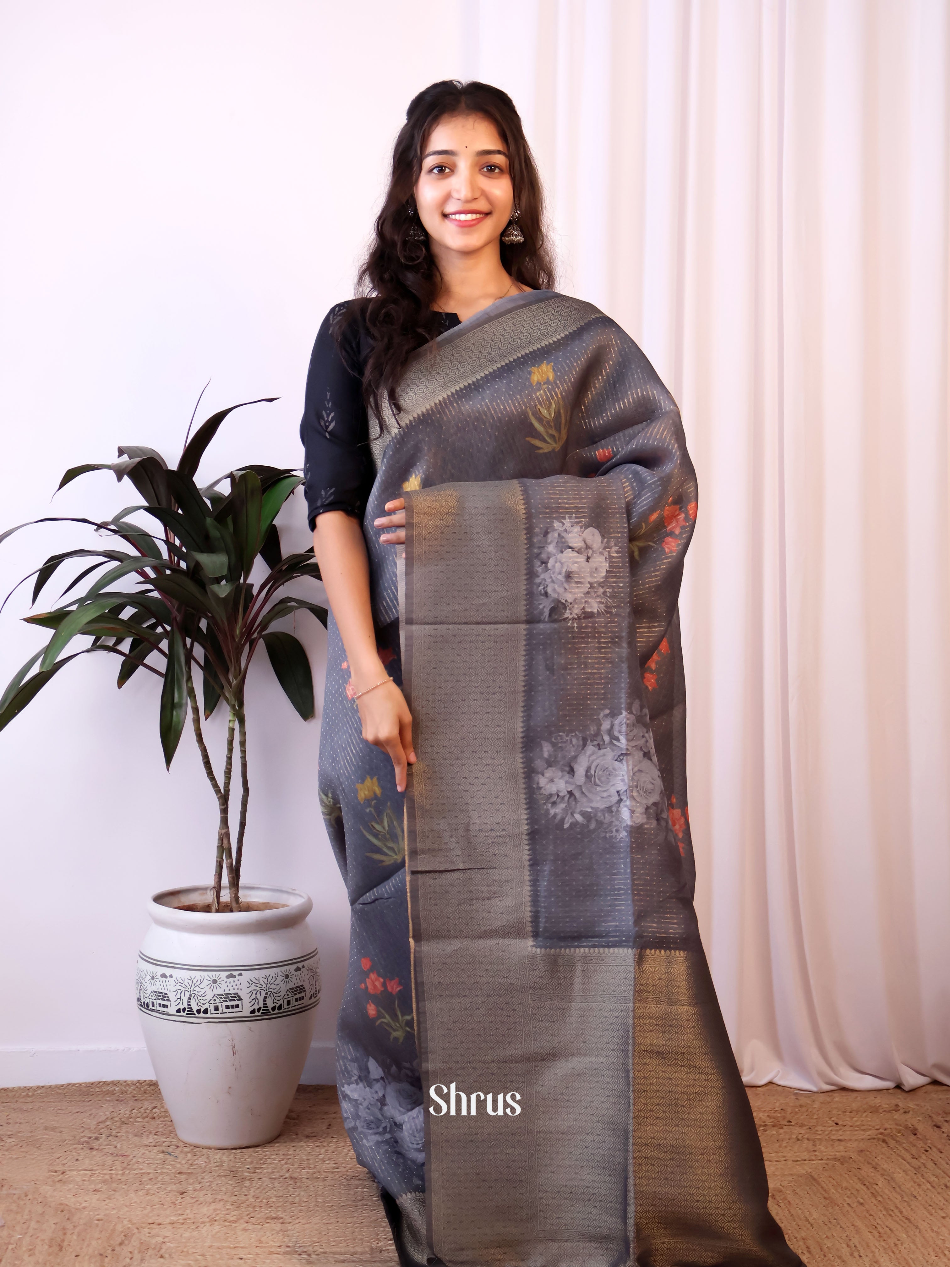 Grey - Semi Jute Saree