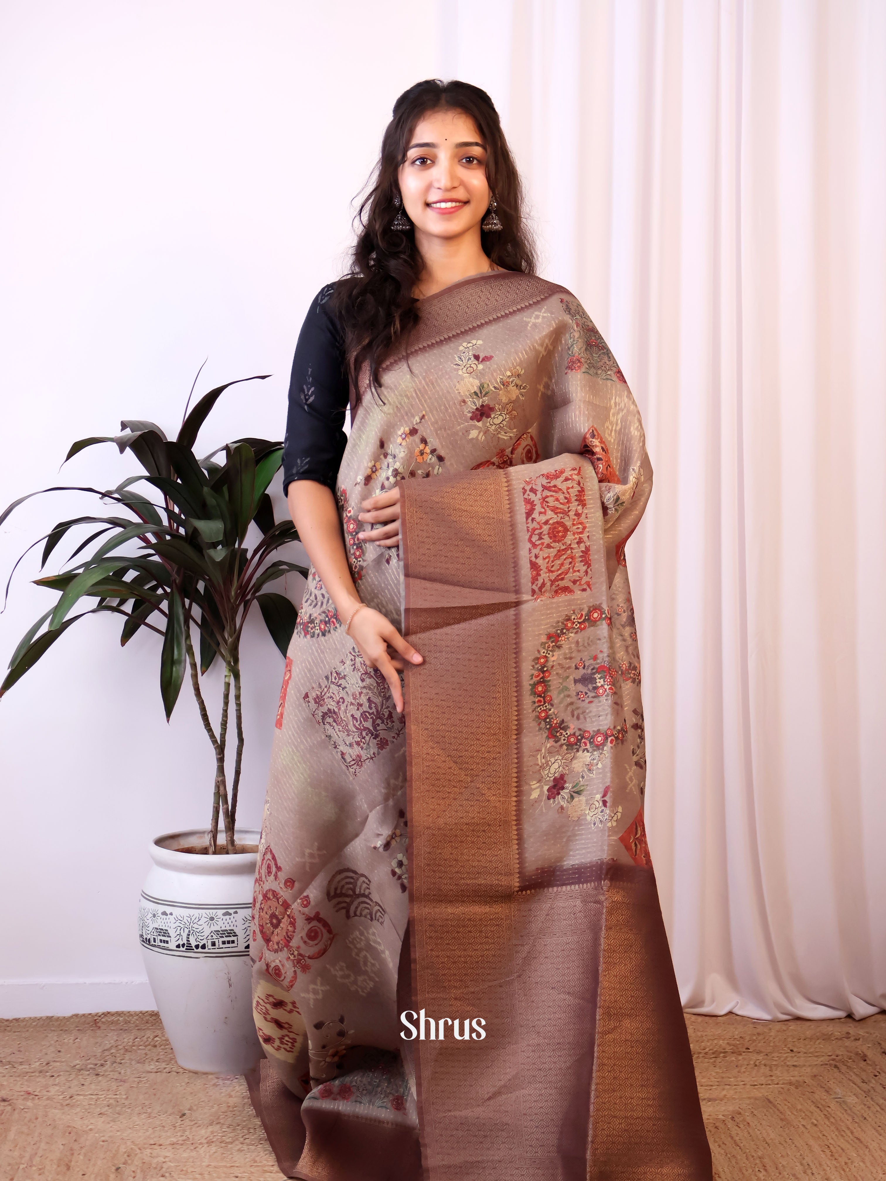 Grey & Brown - Semi Jute Saree