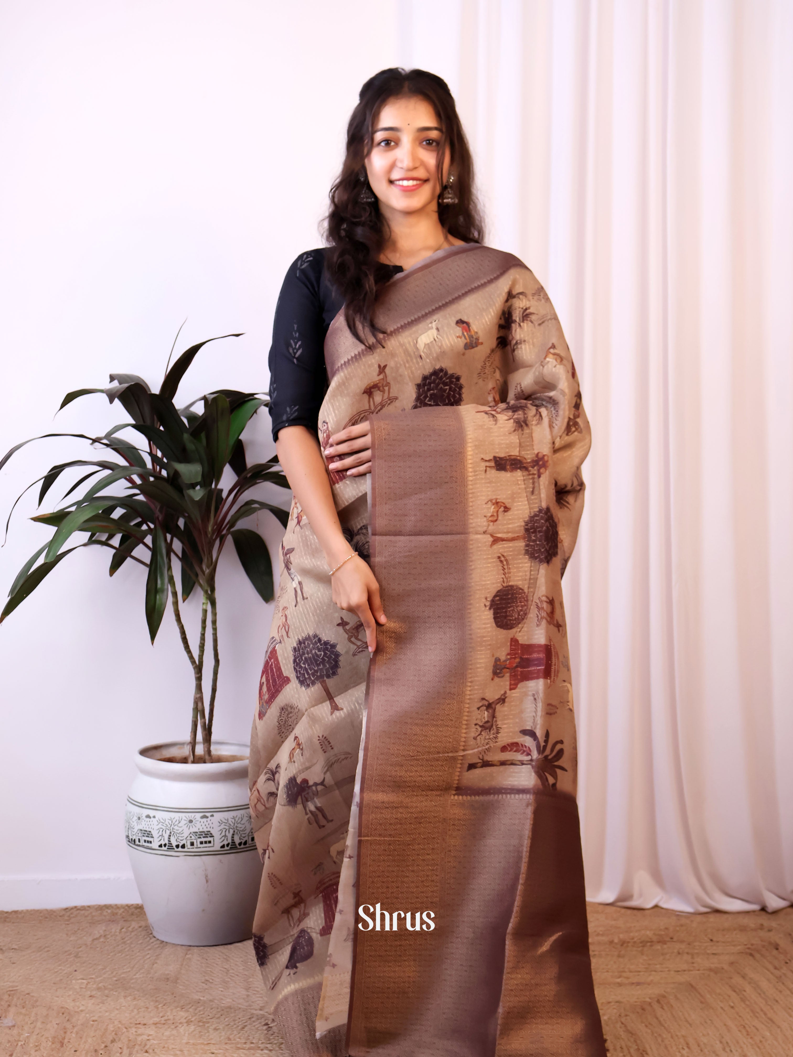 Brown - Semi Jute Saree