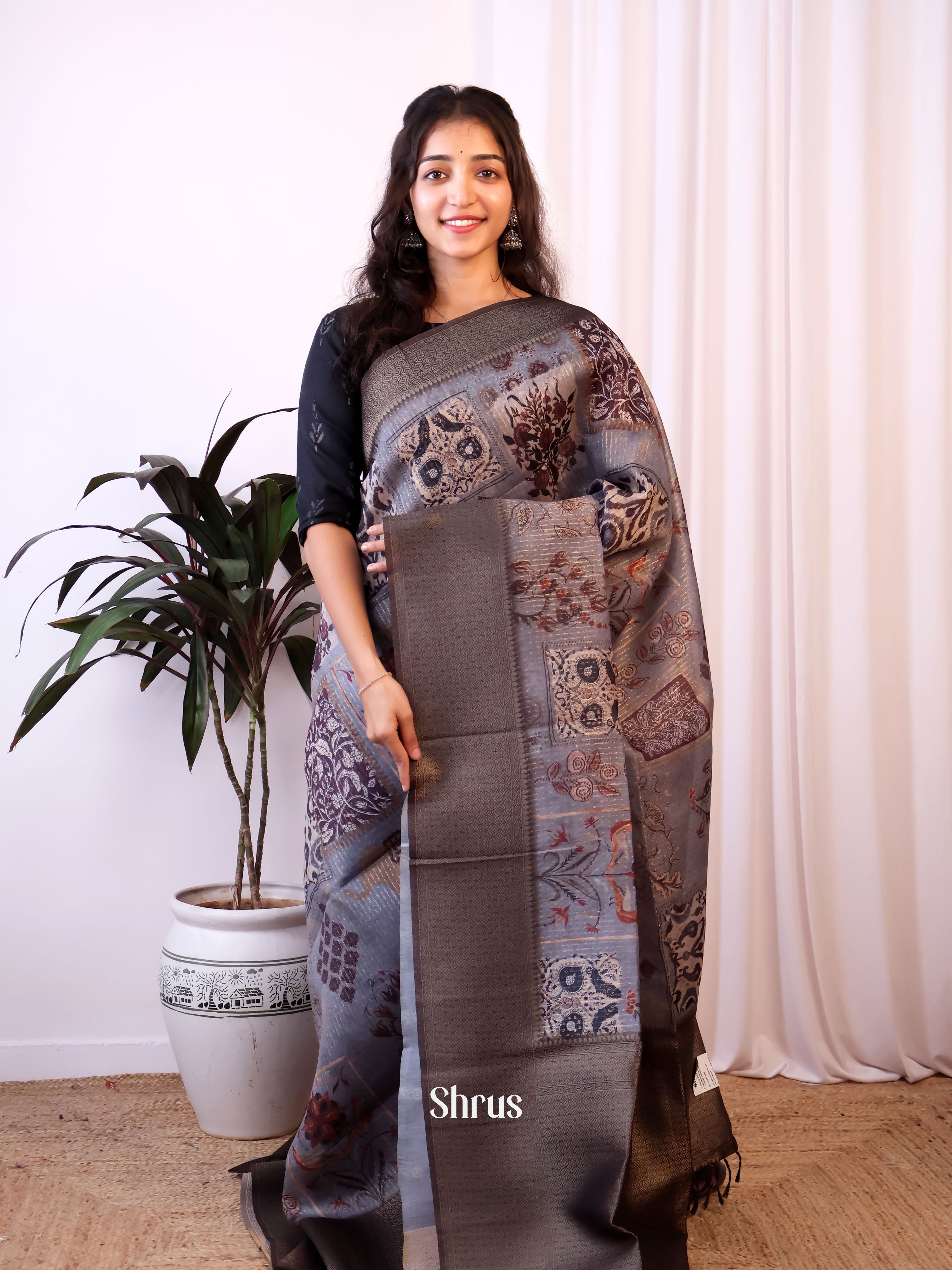 Grey & Brown - Semi Jute Saree