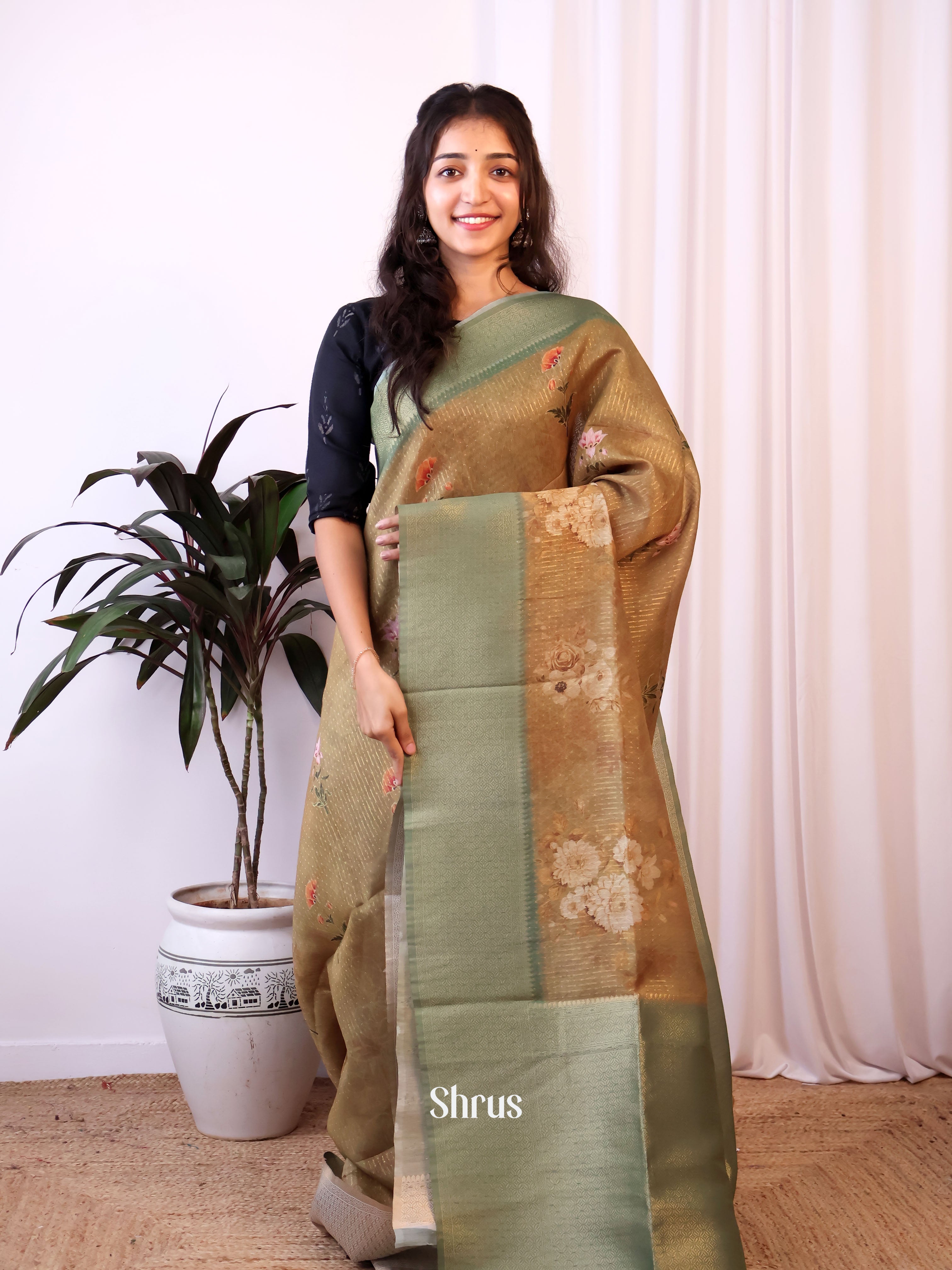 Brown & Green - Semi Jute Saree