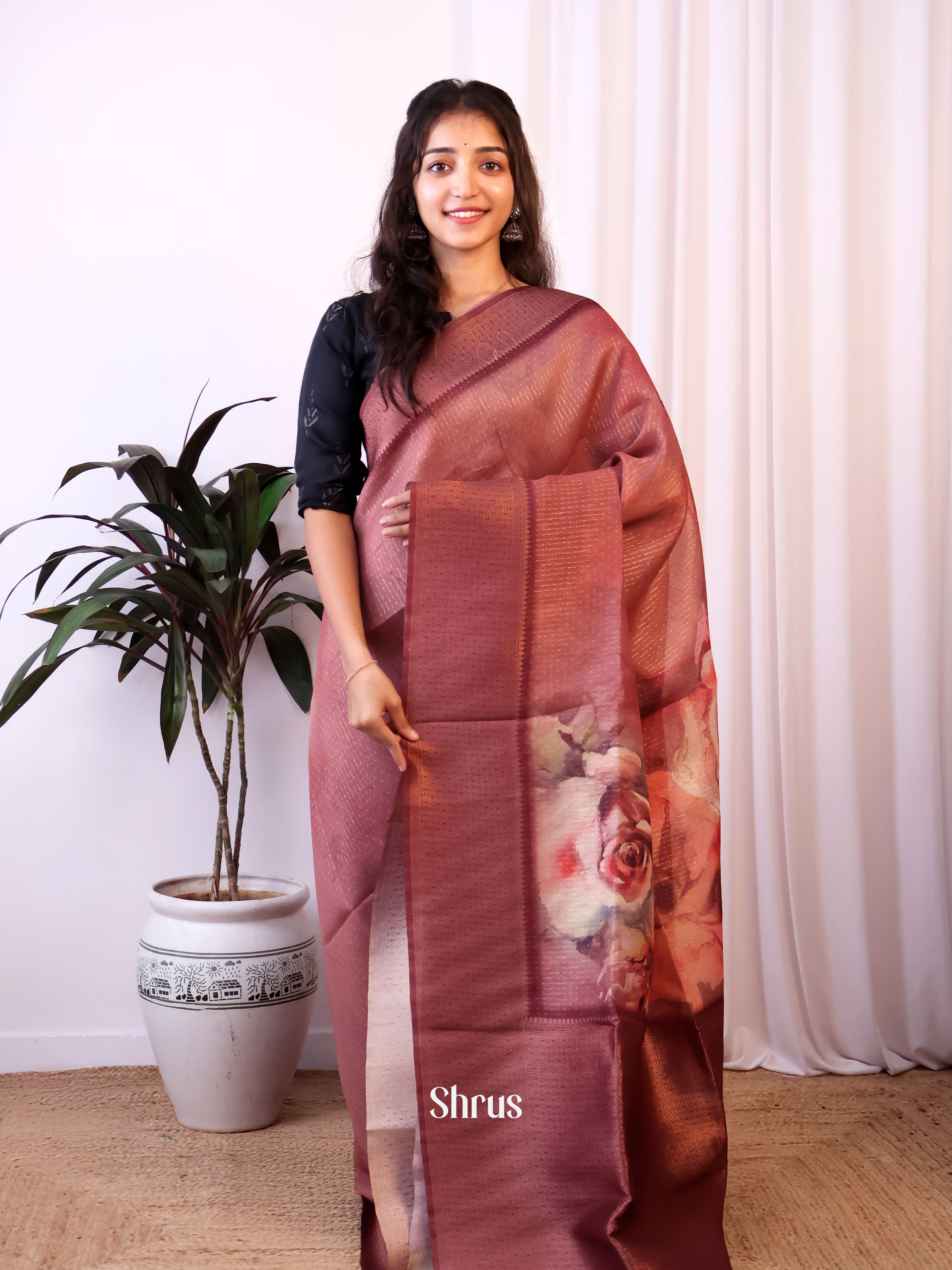 Brown - Semi Jute Saree