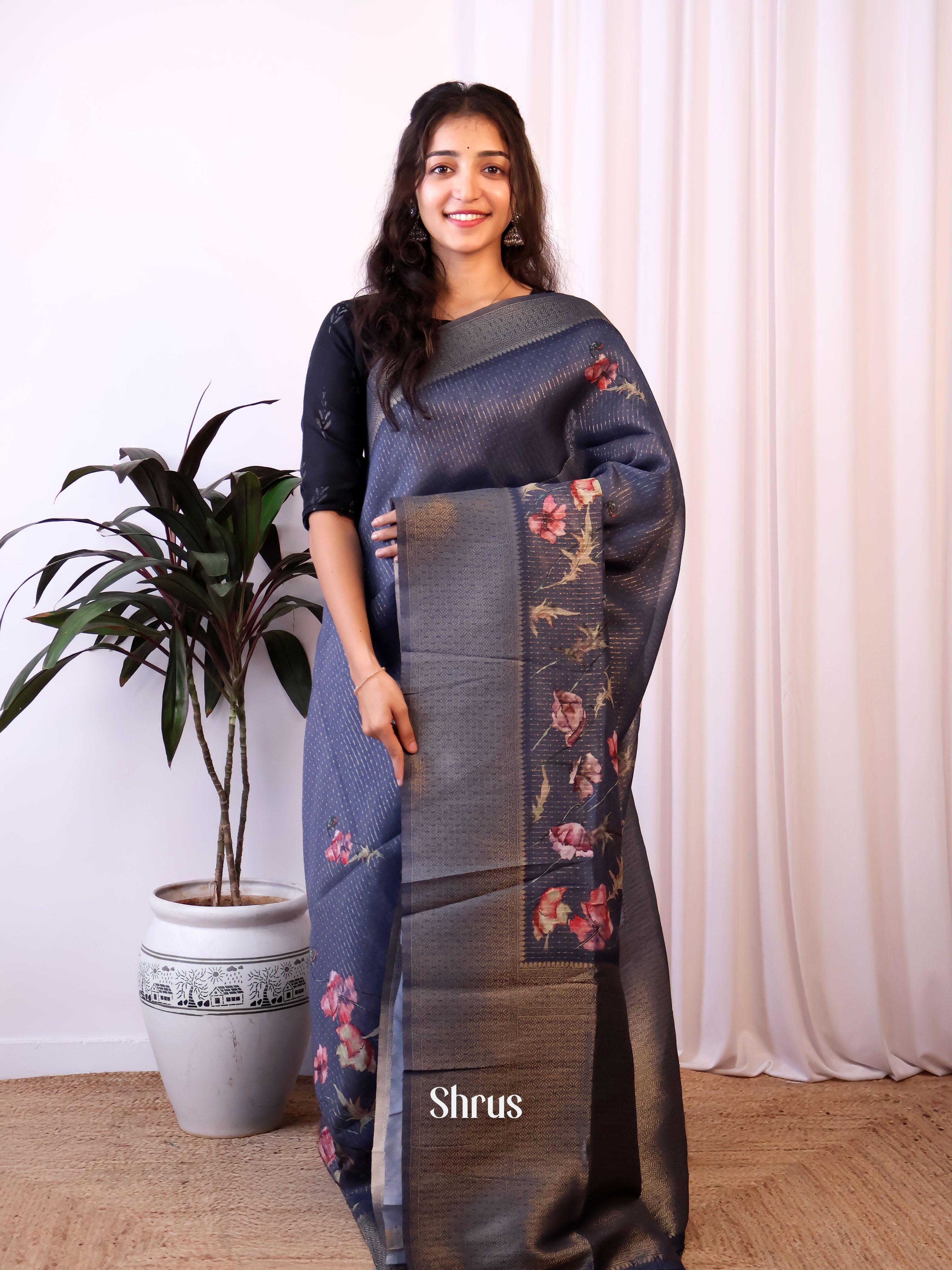 Navy Blue - Semi Jute Saree