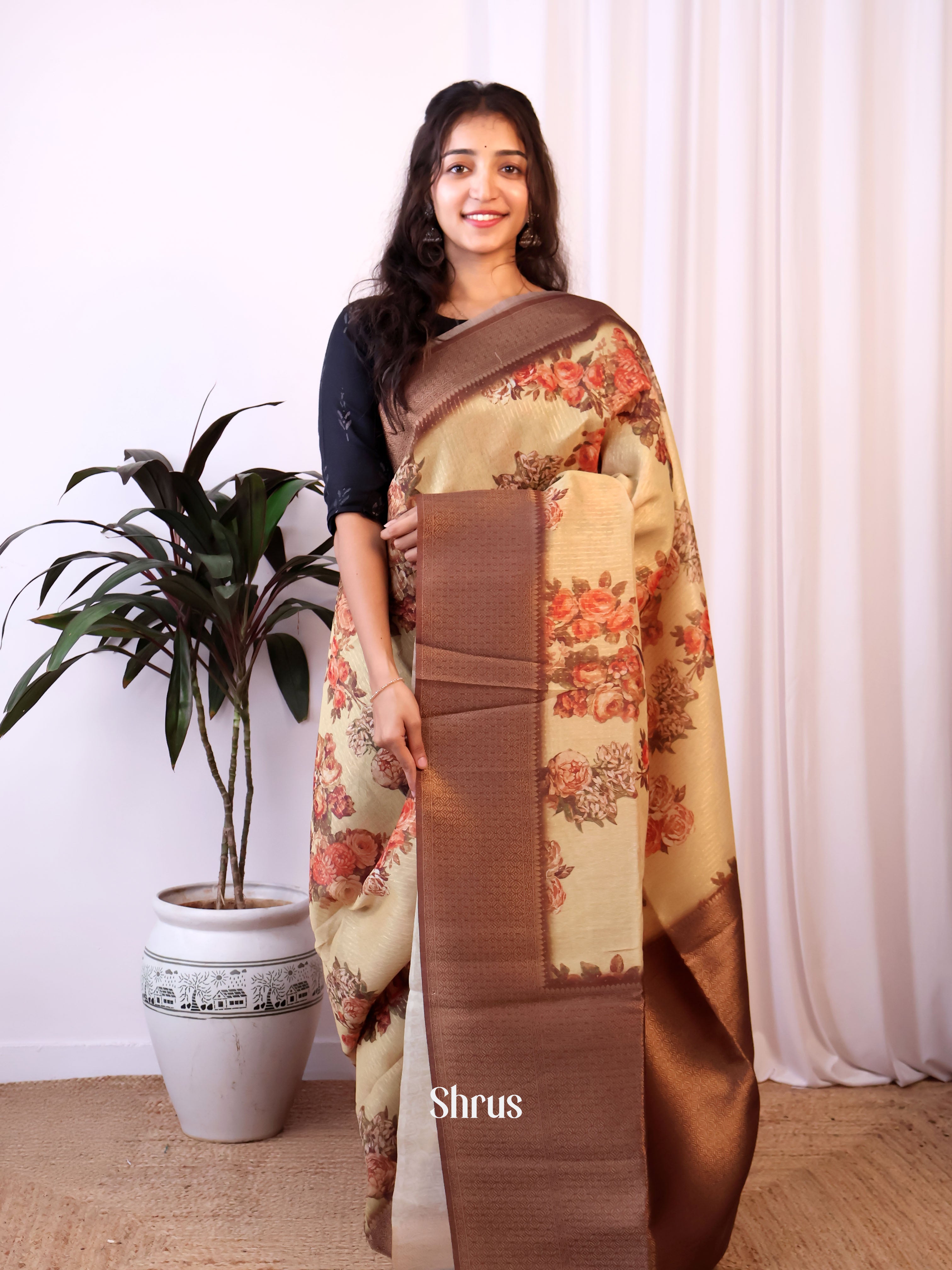 Beige & Brown - Semi Jute Saree