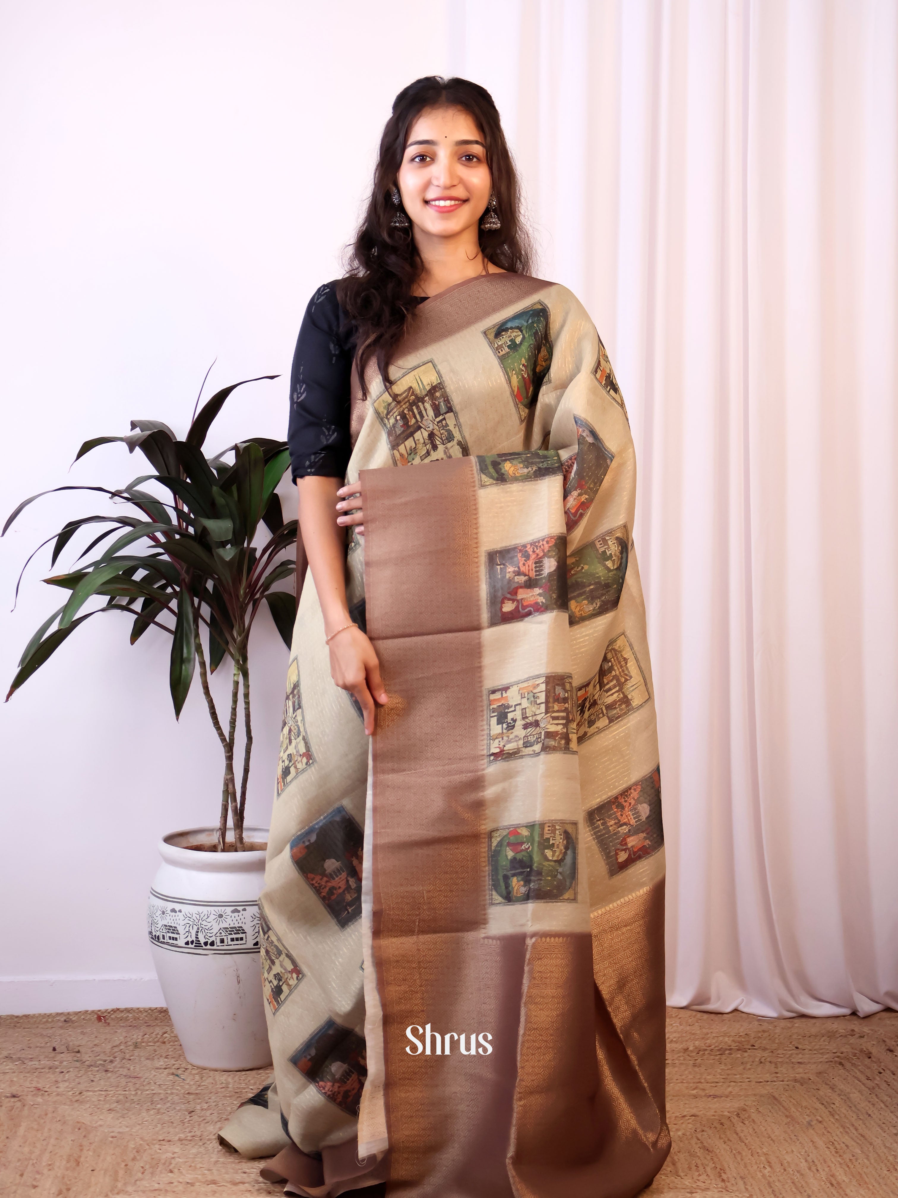 Beige & Brown- Semi Jute Saree