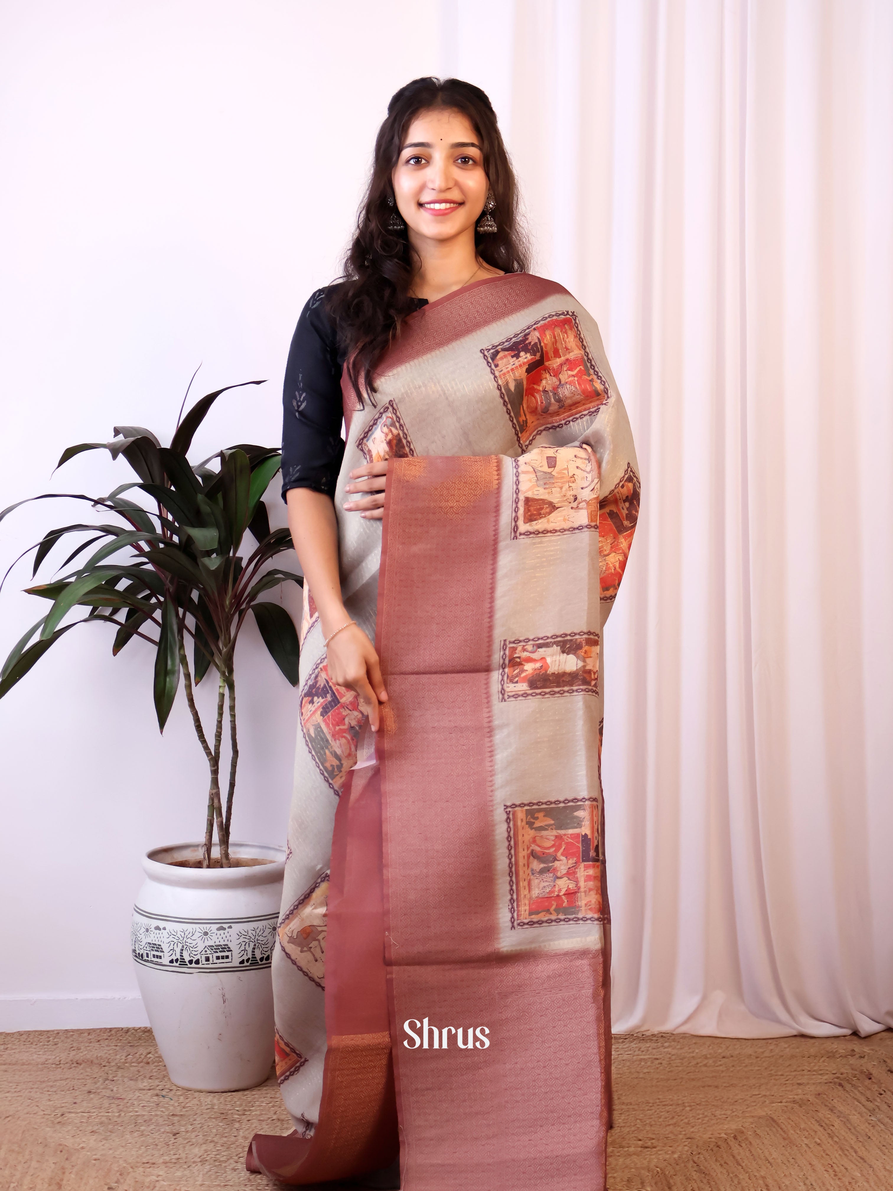 Grey & Brown - Semi Jute Saree