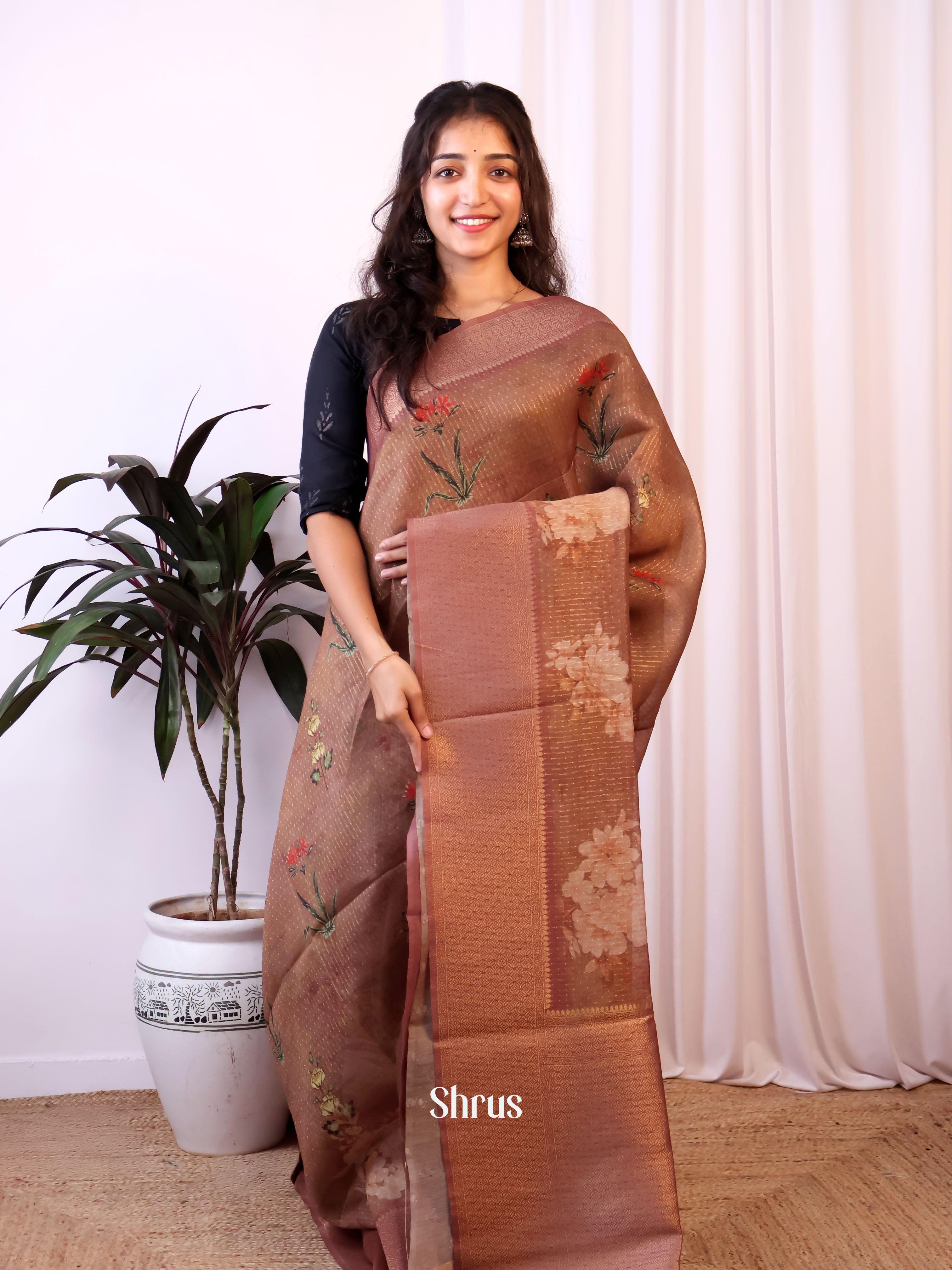 Brown - Semi Jute Saree