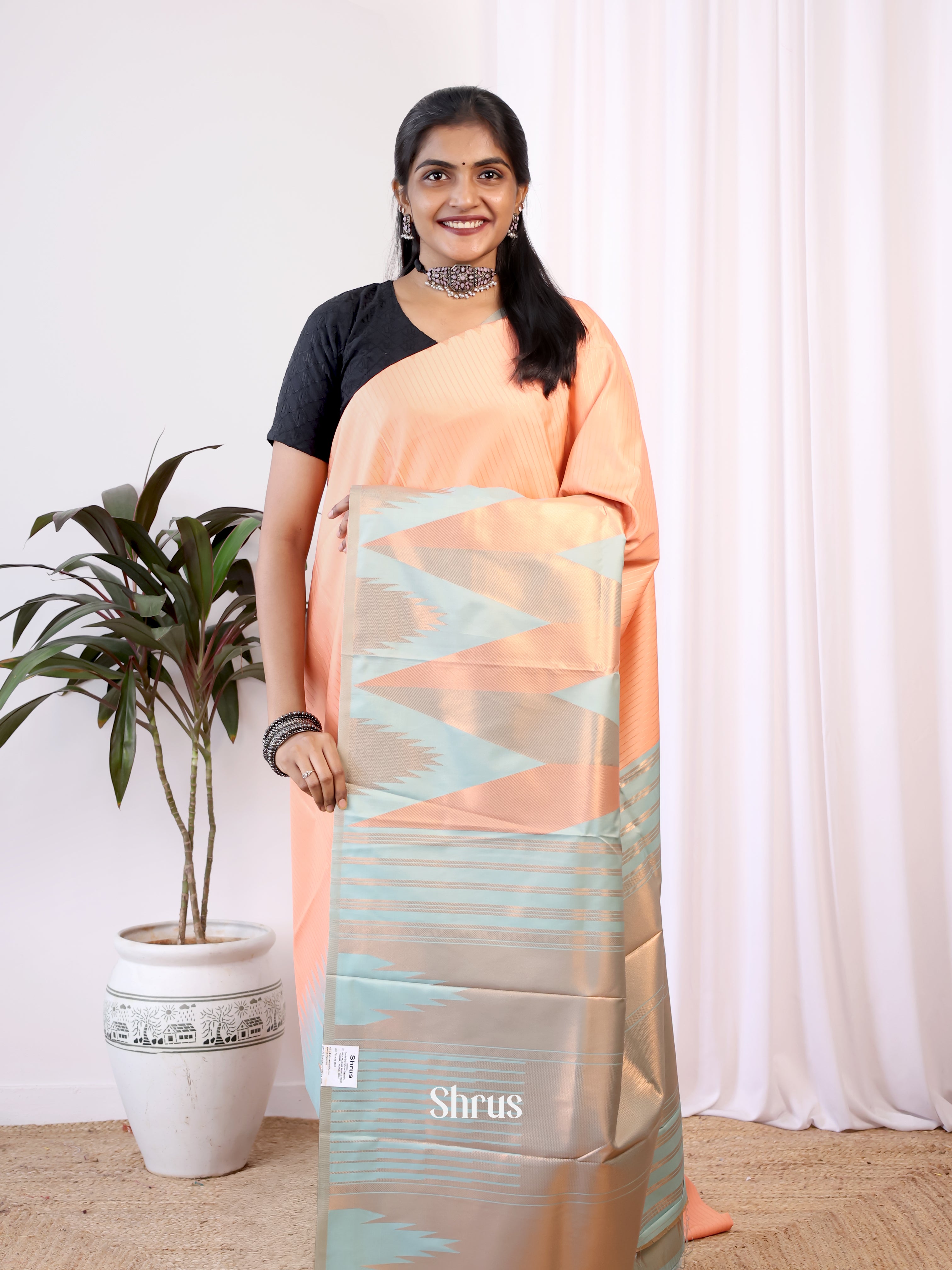 Peach & Blue   - Semi Kanchipuram Saree