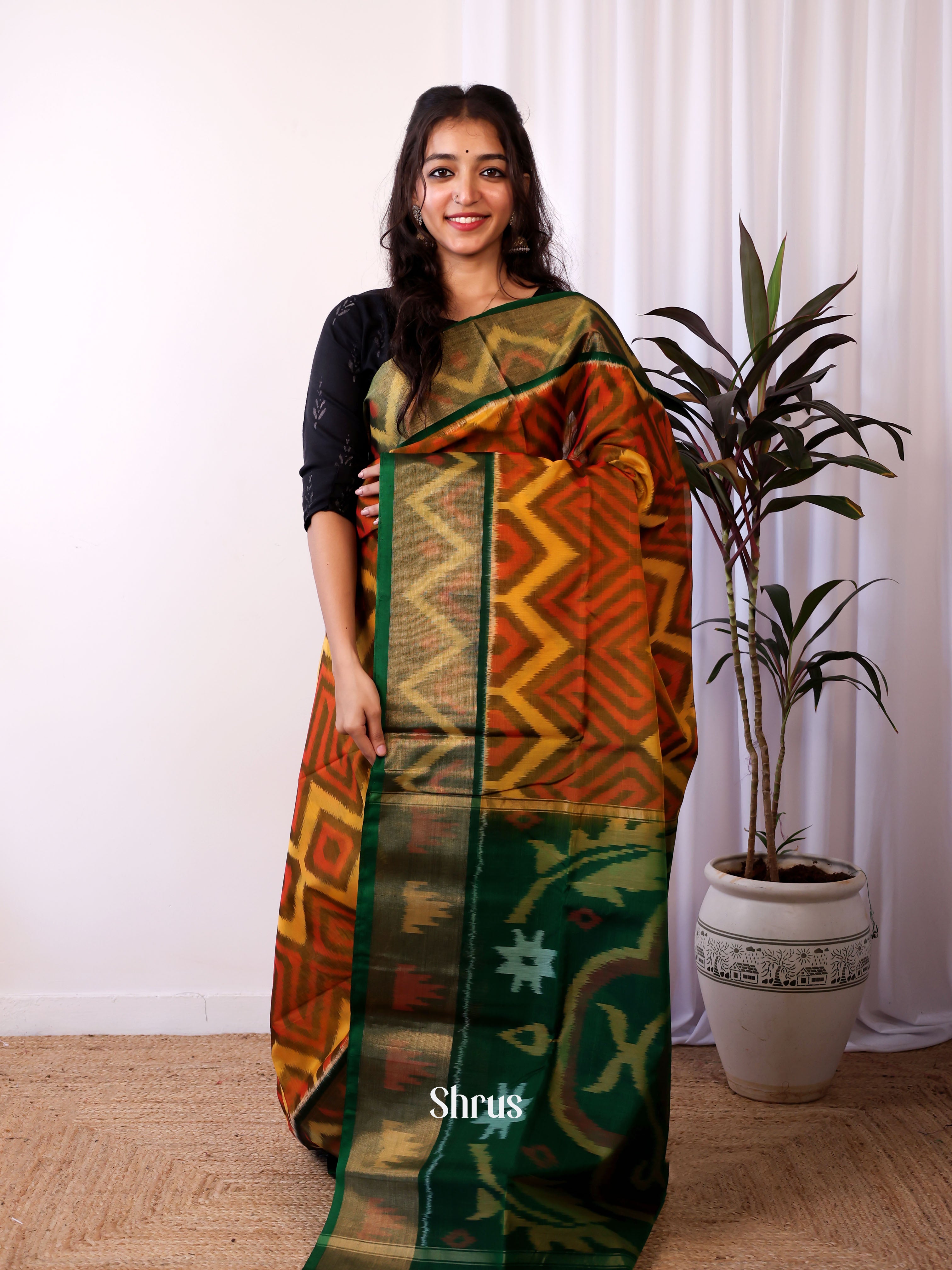 Brown & Green - Pochampally sico Saree